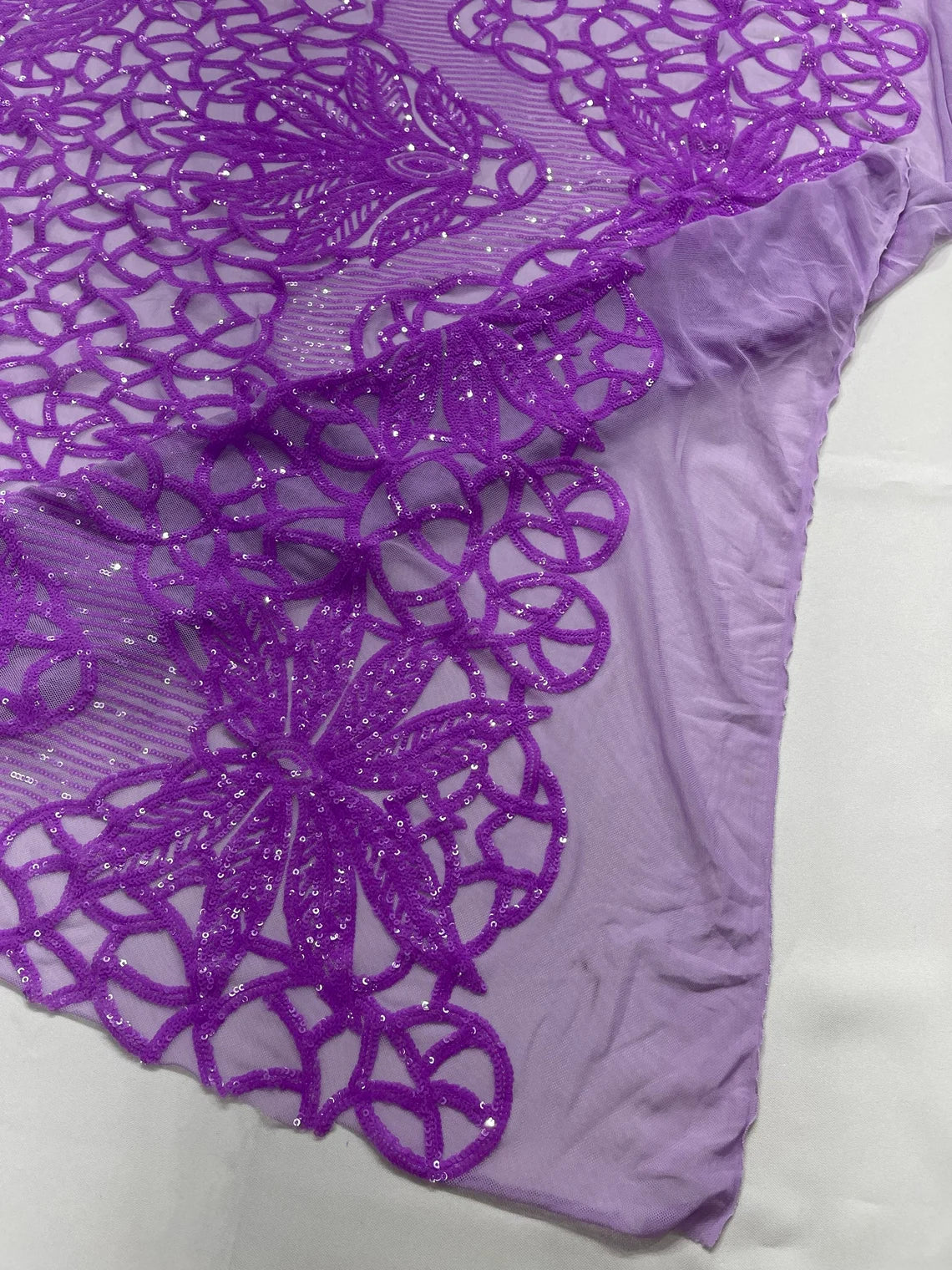 Gorgeous Star Leaf Fabric - Neon Lilac - Leaf Design Embroidered 4 Way Stretch Sequins Fabric By Yard