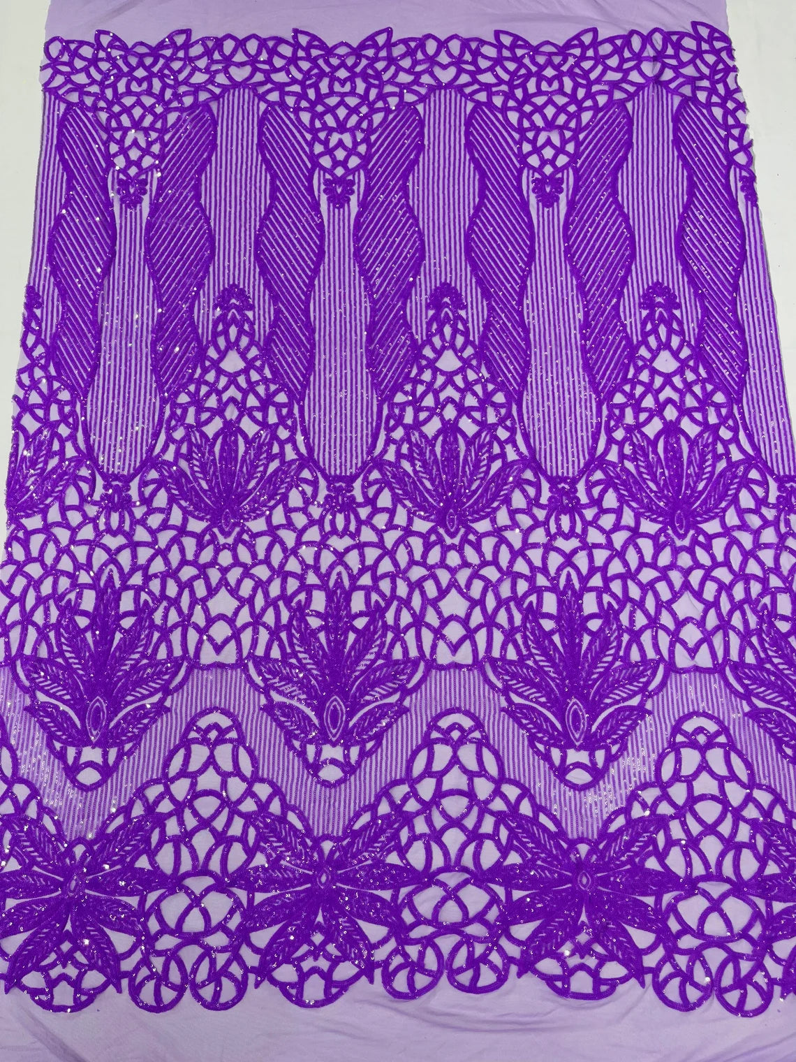 Gorgeous Star Leaf Fabric - Neon Lilac - Leaf Design Embroidered 4 Way Stretch Sequins Fabric By Yard