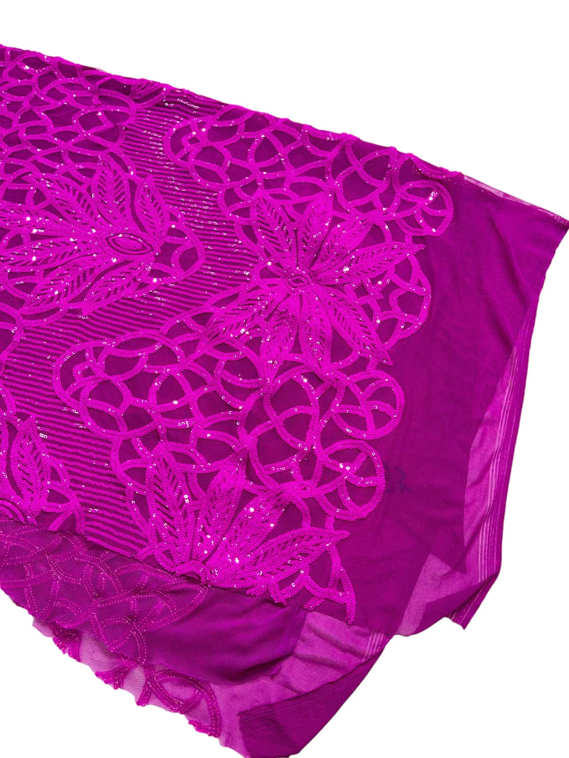 Gorgeous Star Leaf Fabric - Neon Magenta - Leaf Design Embroidered 4 Way Stretch Sequins Fabric By Yard