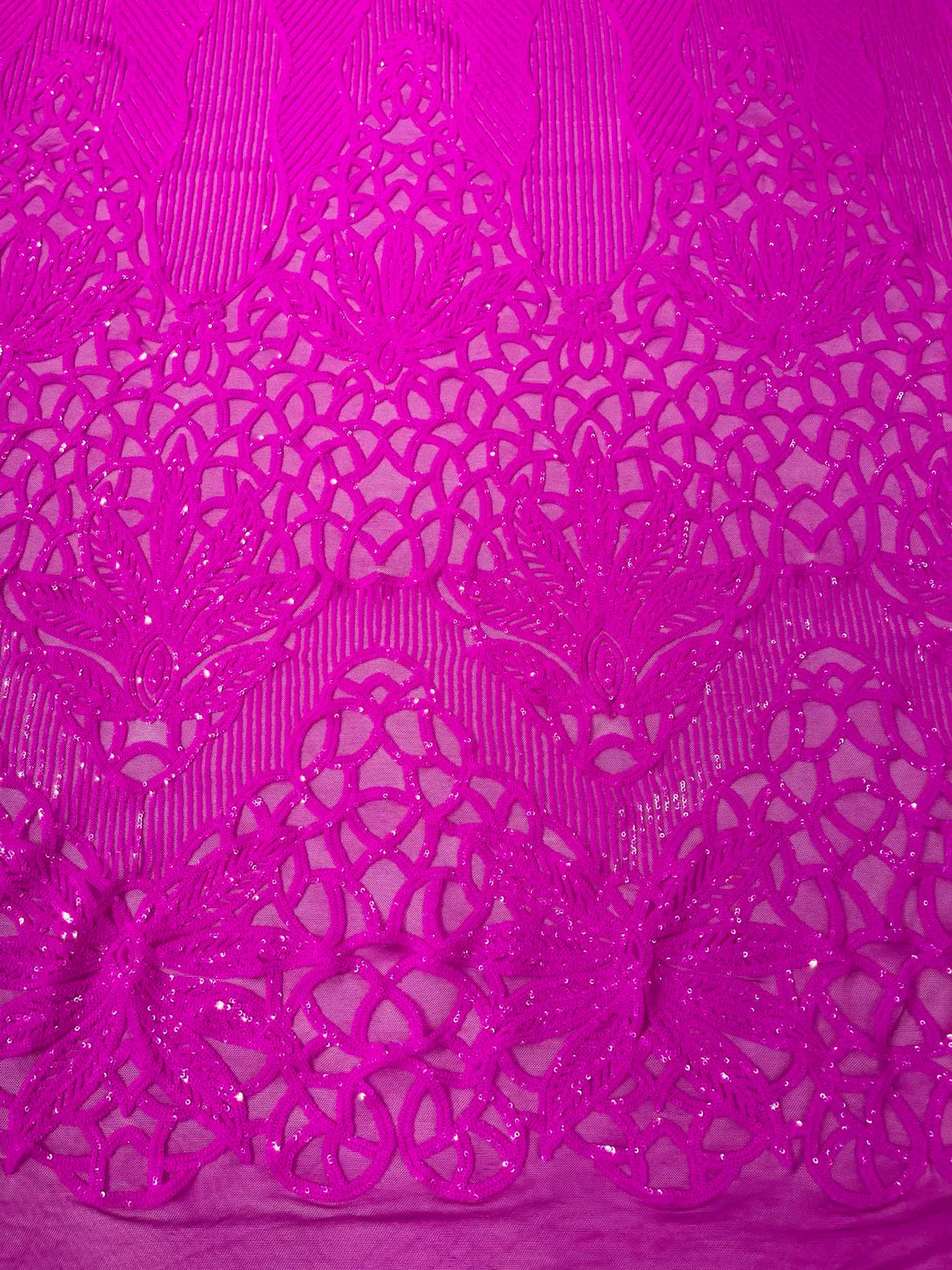 Gorgeous Star Leaf Fabric - Neon Magenta - Leaf Design Embroidered 4 Way Stretch Sequins Fabric By Yard