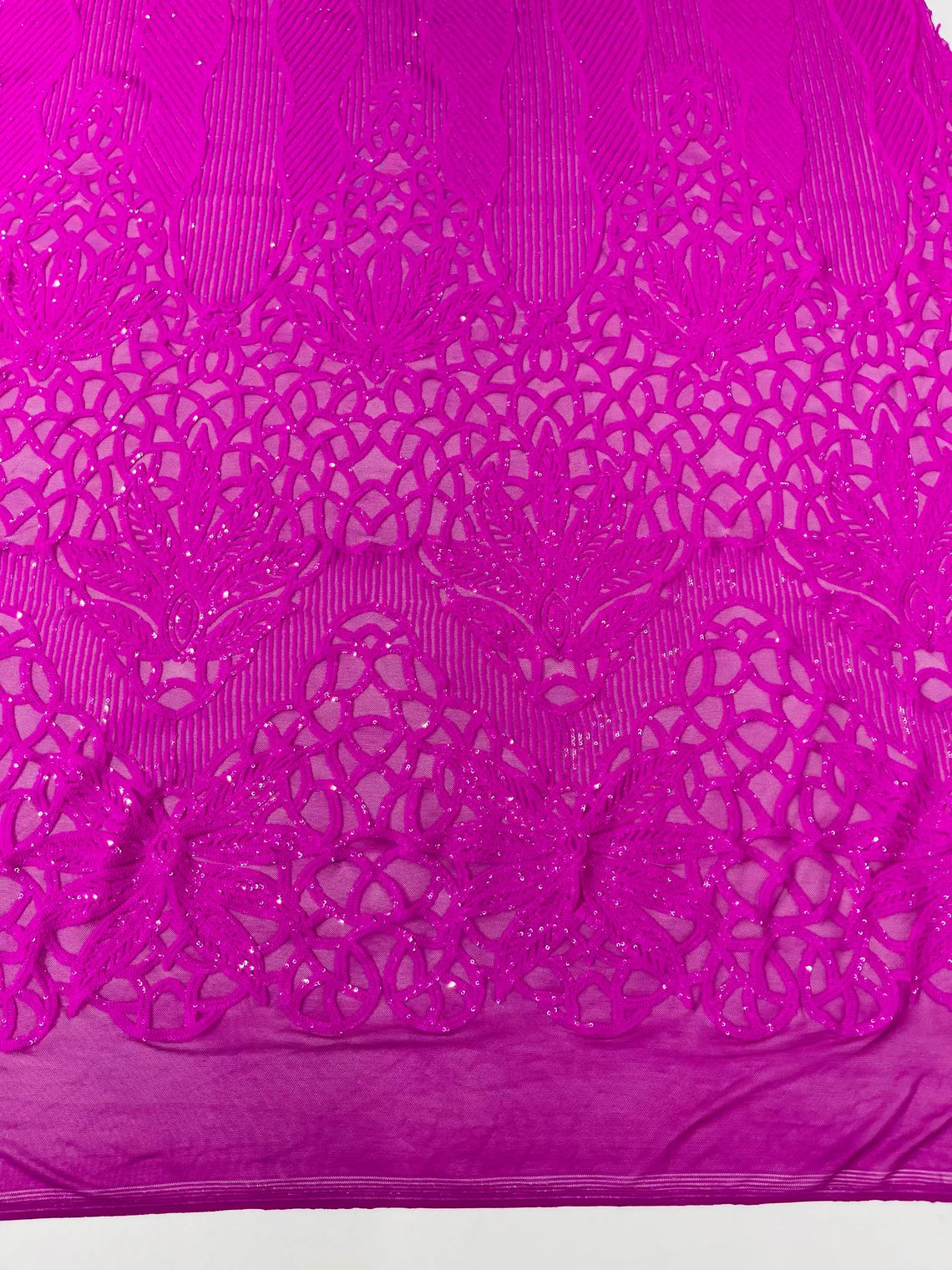 Gorgeous Star Leaf Fabric - Neon Magenta - Leaf Design Embroidered 4 Way Stretch Sequins Fabric By Yard