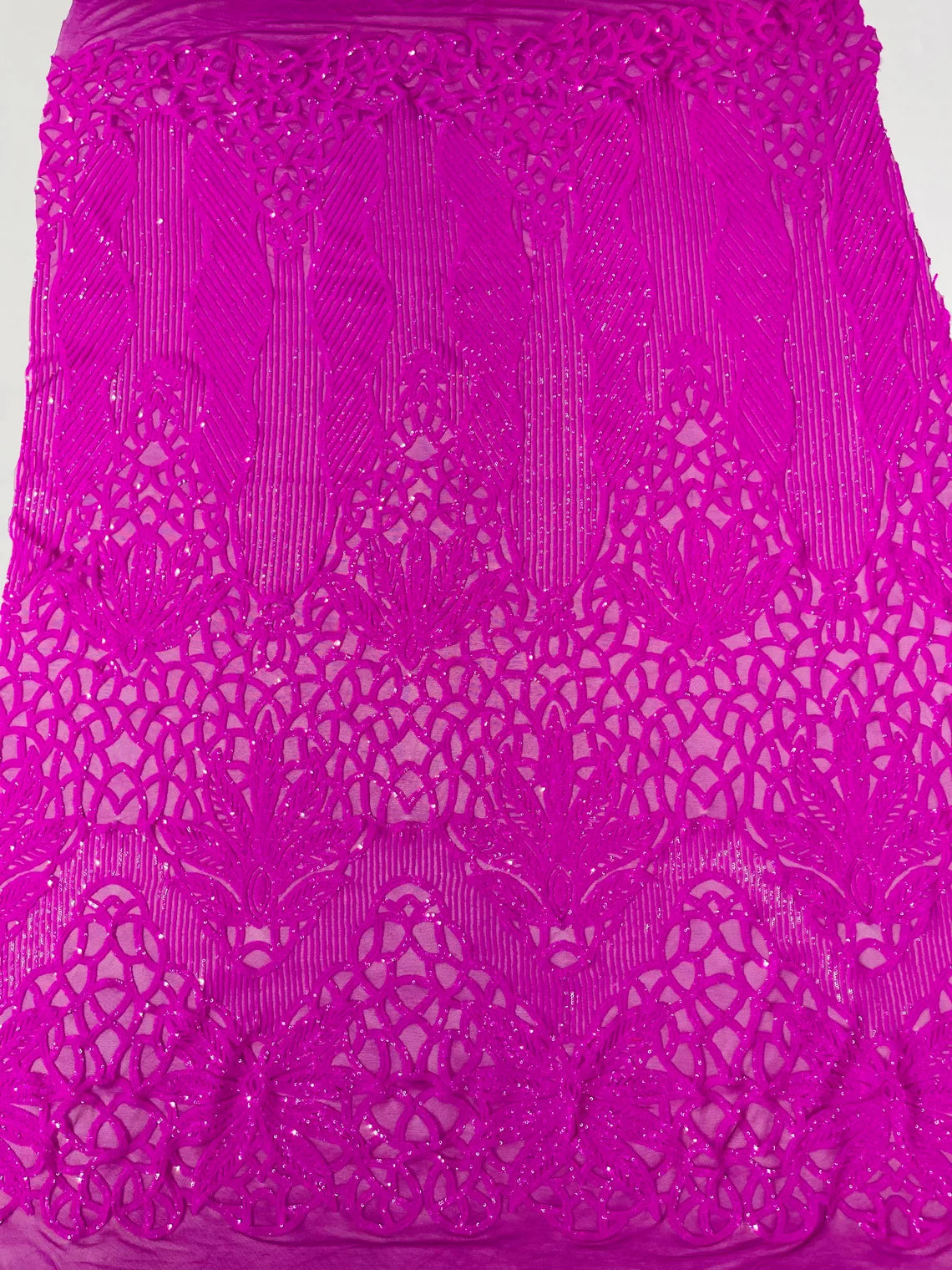 Gorgeous Star Leaf Fabric - Neon Magenta - Leaf Design Embroidered 4 Way Stretch Sequins Fabric By Yard