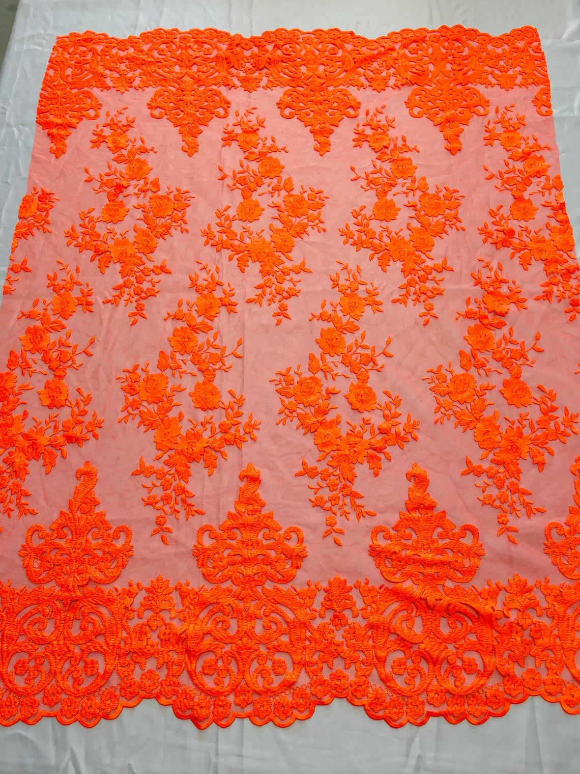 Damask Design Lace Fabric - Neon Orange - Embroidered Damask Fancy Beautiful Design Lace Fabric By Yard