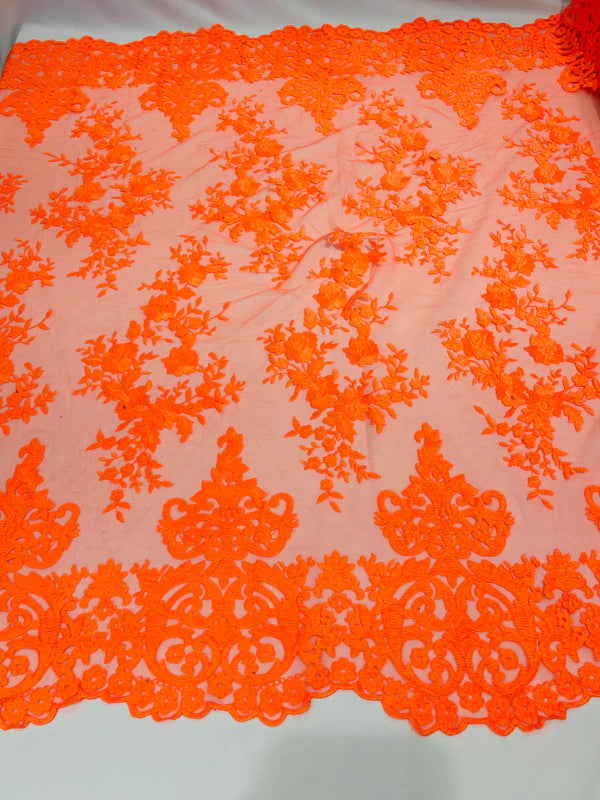 Damask Design Lace Fabric - Neon Orange - Embroidered Damask Fancy Beautiful Design Lace Fabric By Yard