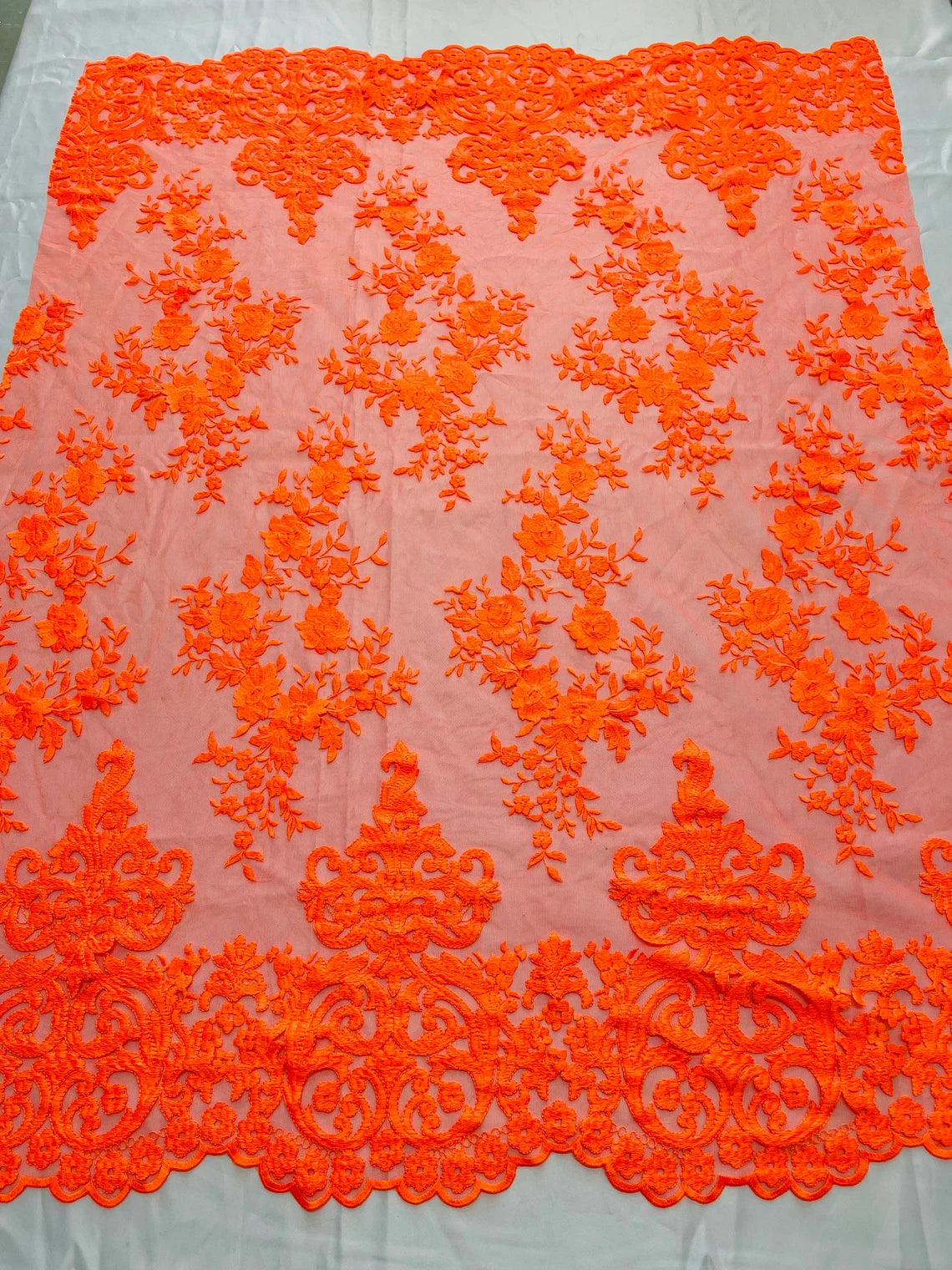 Damask Design Lace Fabric - Neon Orange - Embroidered Damask Fancy Beautiful Design Lace Fabric By Yard