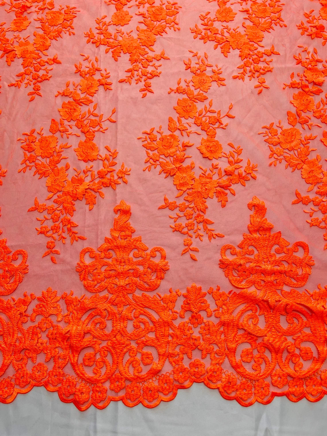 Damask Design Lace Fabric - Neon Orange - Embroidered Damask Fancy Beautiful Design Lace Fabric By Yard