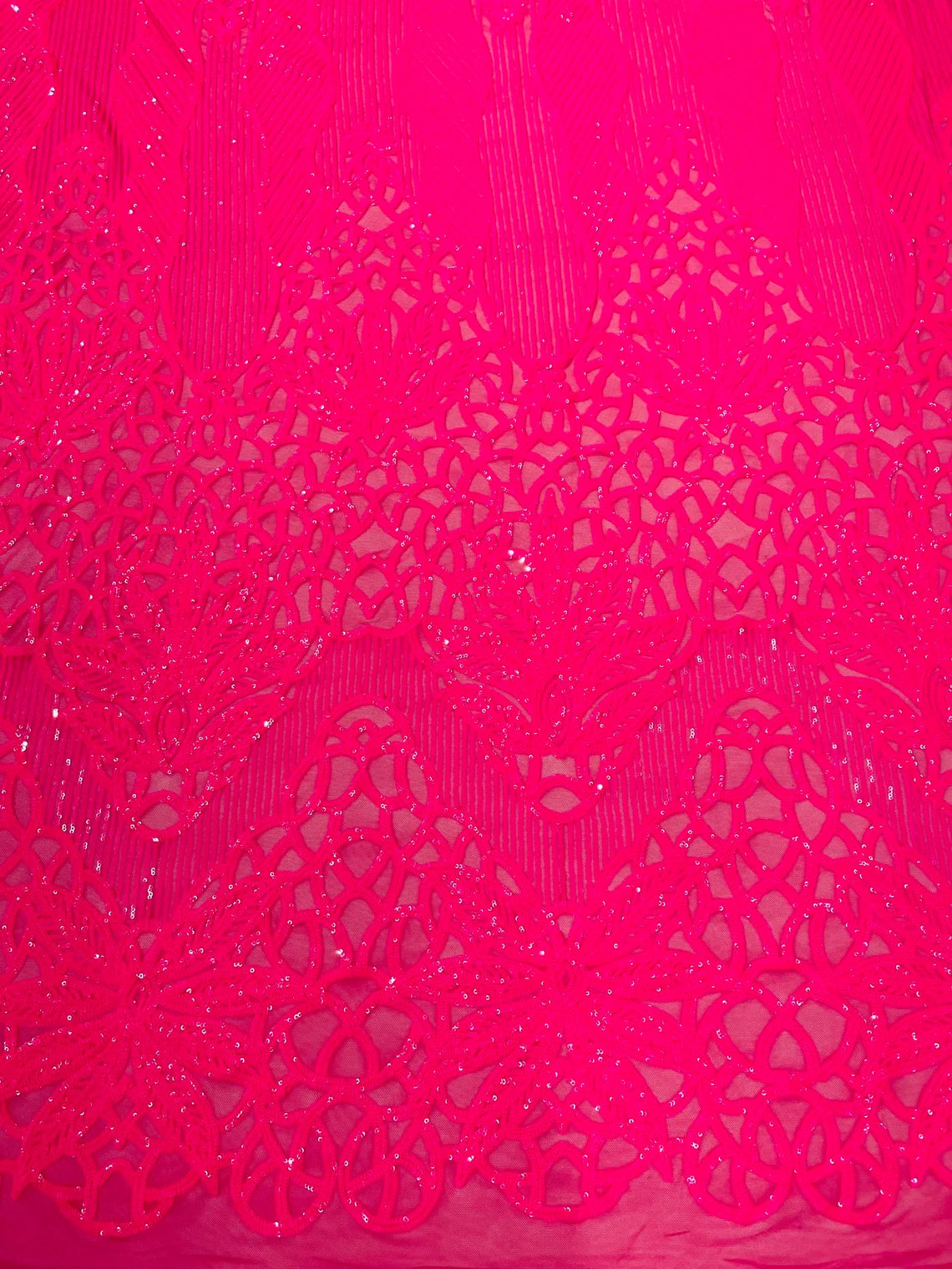 Gorgeous Star Leaf Fabric - Neon Pink - Leaf Design Embroidered 4 Way Stretch Sequins Fabric By Yard