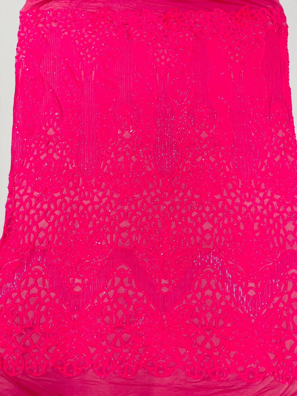 Gorgeous Star Leaf Fabric - Neon Pink - Leaf Design Embroidered 4 Way Stretch Sequins Fabric By Yard