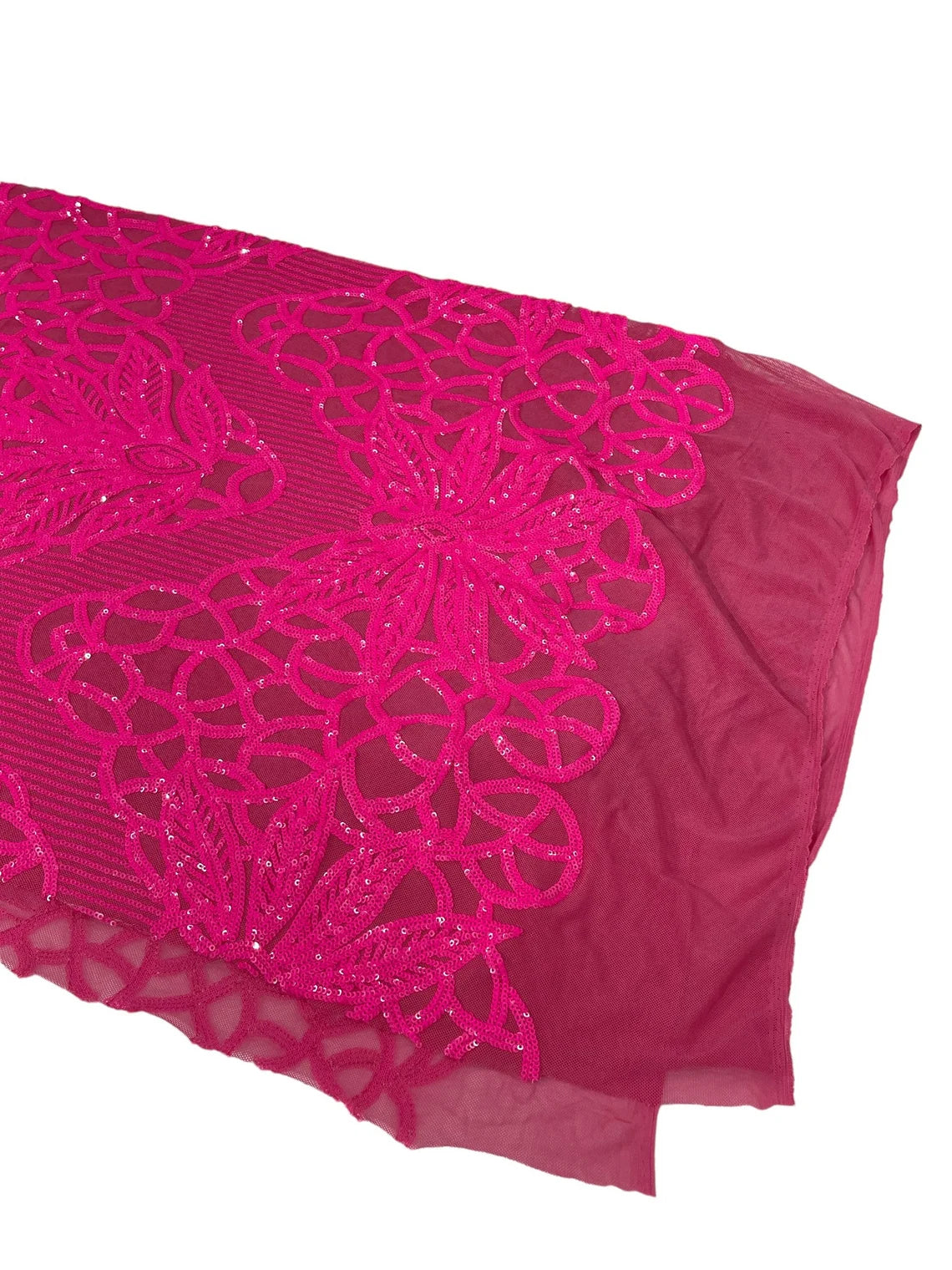 Gorgeous Star Leaf Fabric - Neon Pink - Leaf Design Embroidered 4 Way Stretch Sequins Fabric By Yard