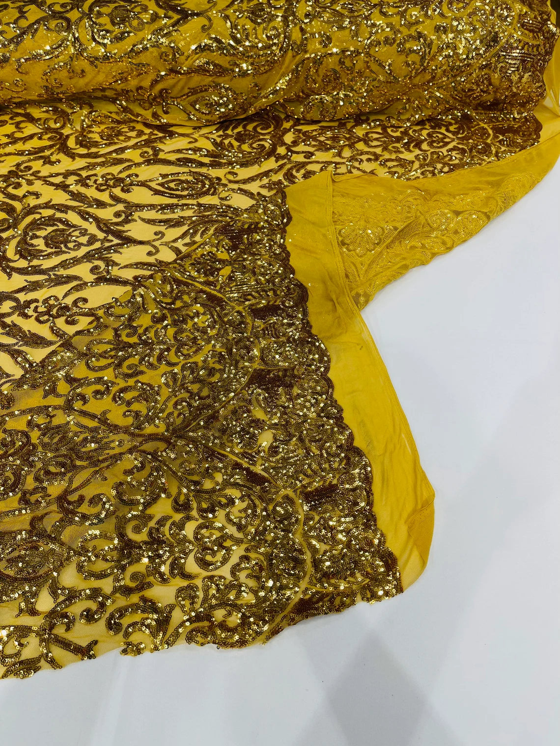 King Damask Design Sequins - New Gold - 4 Way Stretch Lace Mesh Embroidered Sequins By Yard