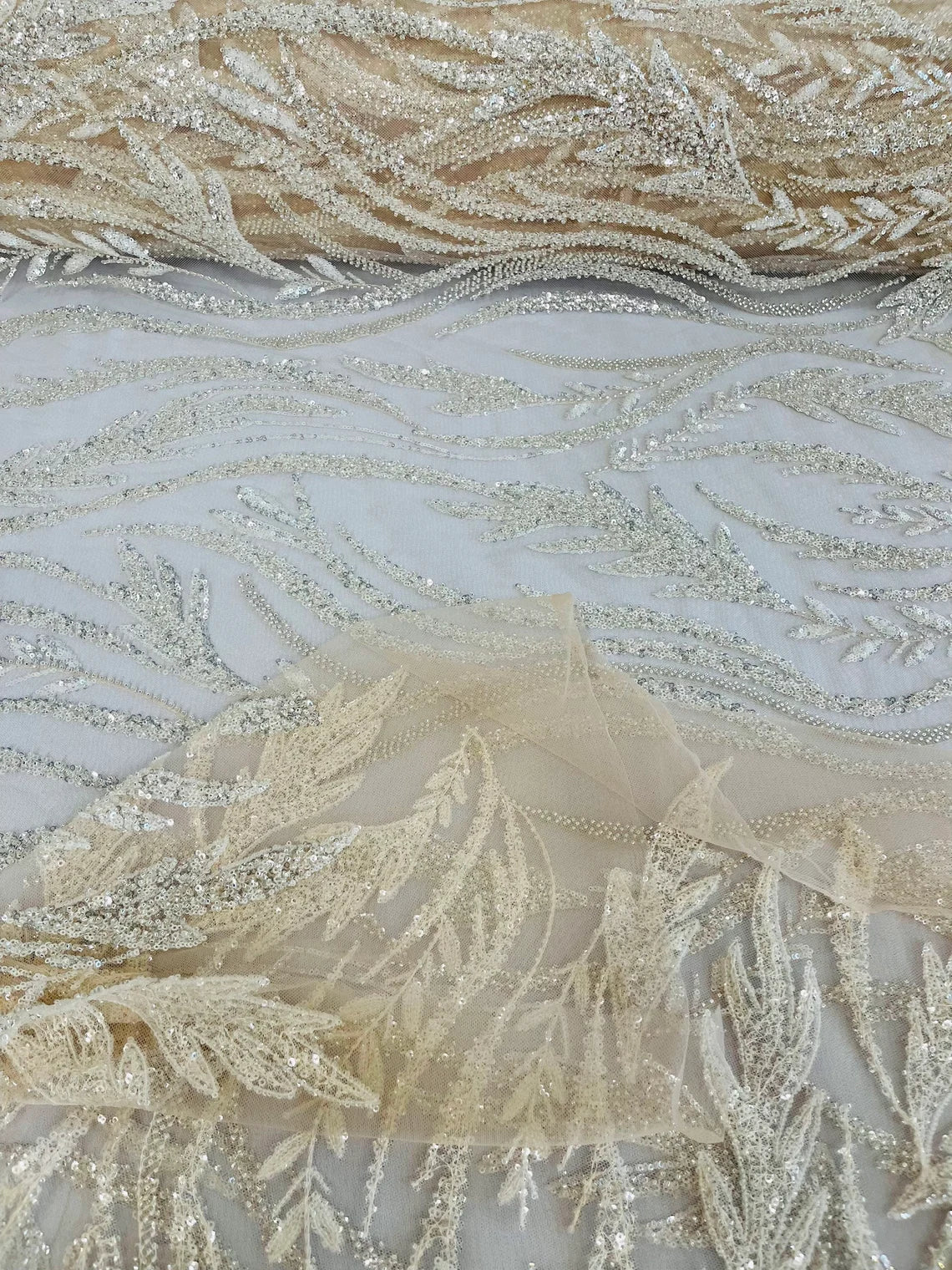 Wavy Beaded Leaf Fabric - Nude - Embroidered Beaded Leaf Pattern Lace Fabric Sold By The Yard