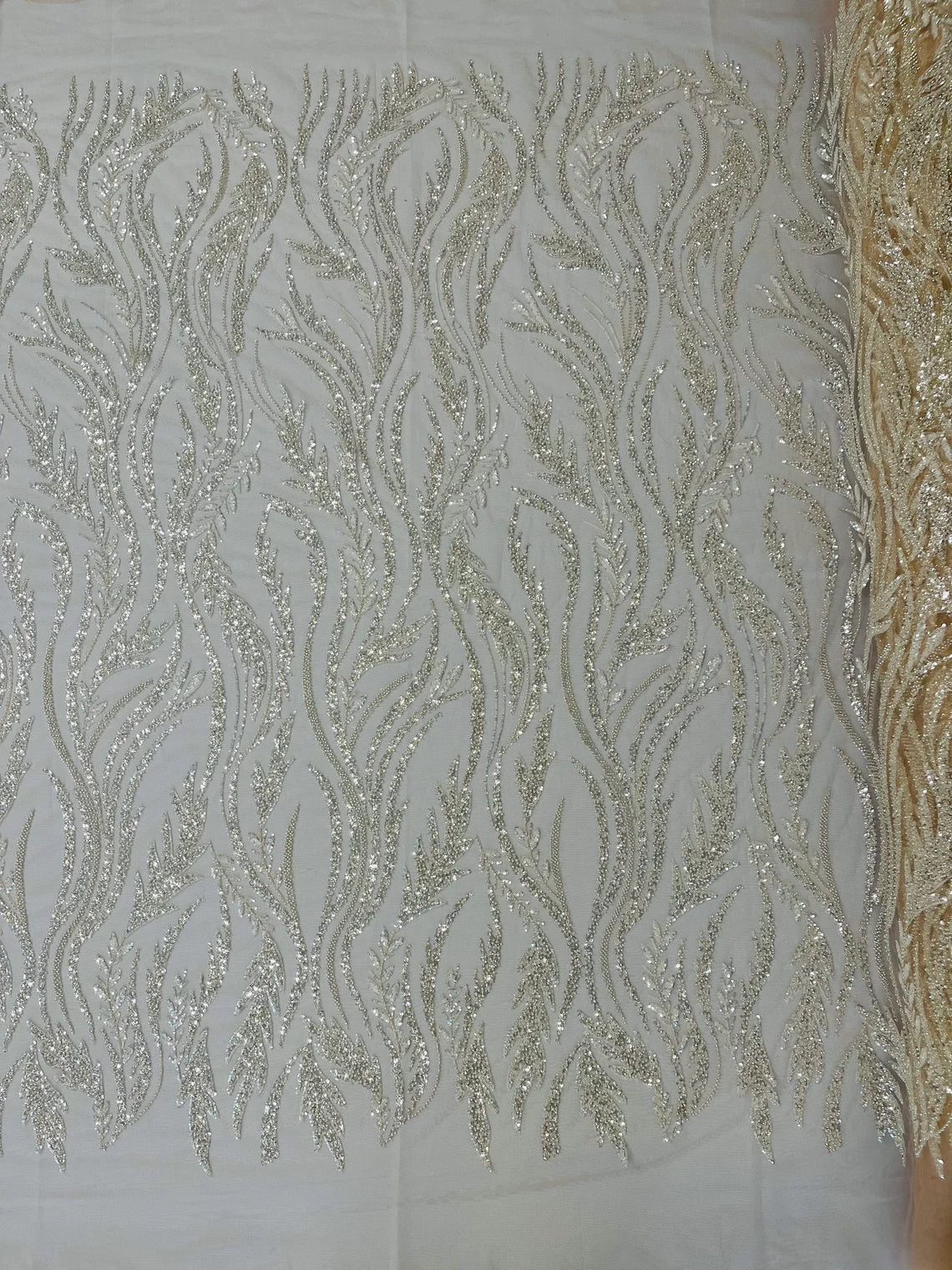 Wavy Beaded Leaf Fabric - Nude - Embroidered Beaded Leaf Pattern Lace Fabric Sold By The Yard