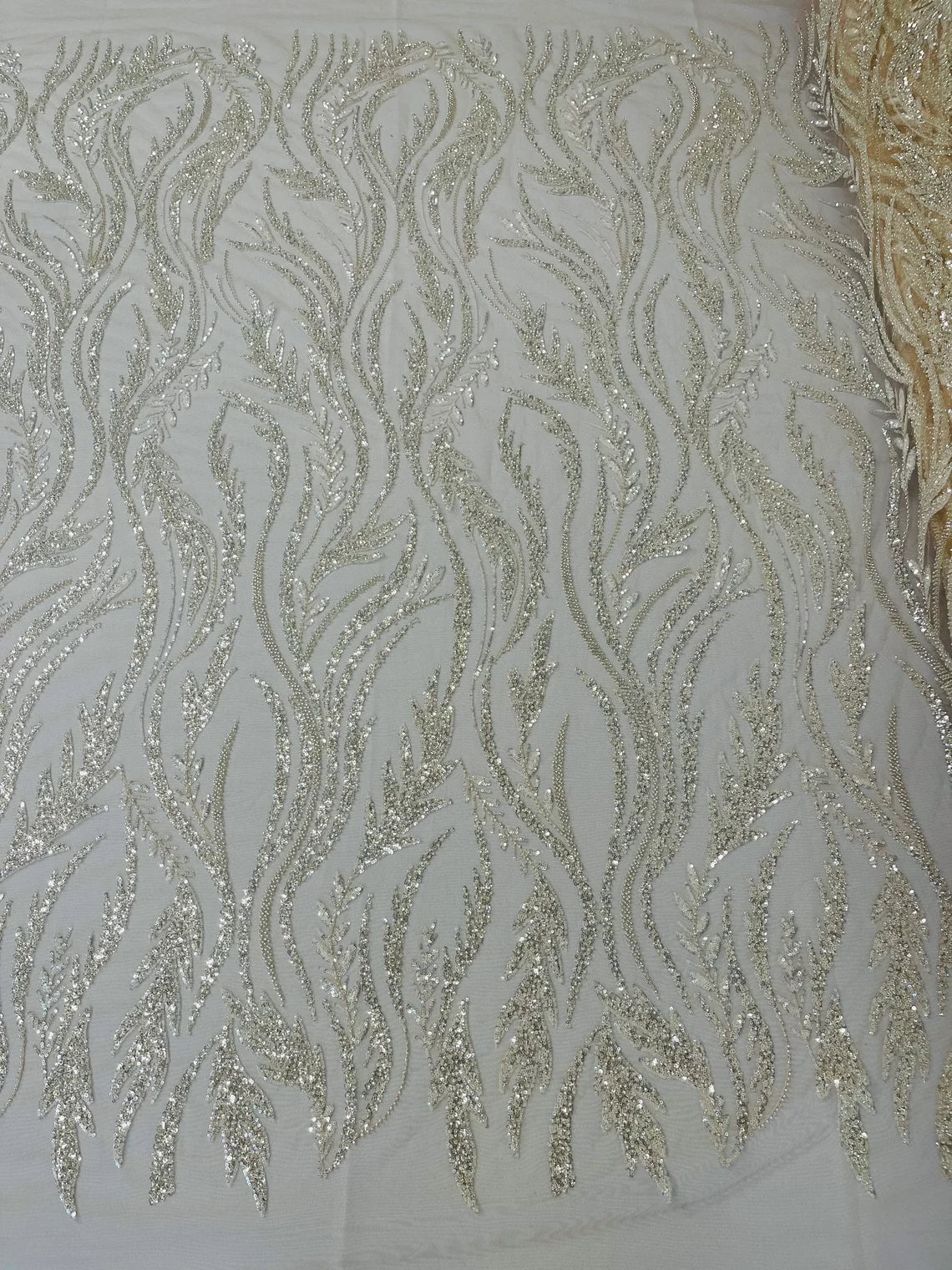 Wavy Beaded Leaf Fabric - Nude - Embroidered Beaded Leaf Pattern Lace Fabric Sold By The Yard