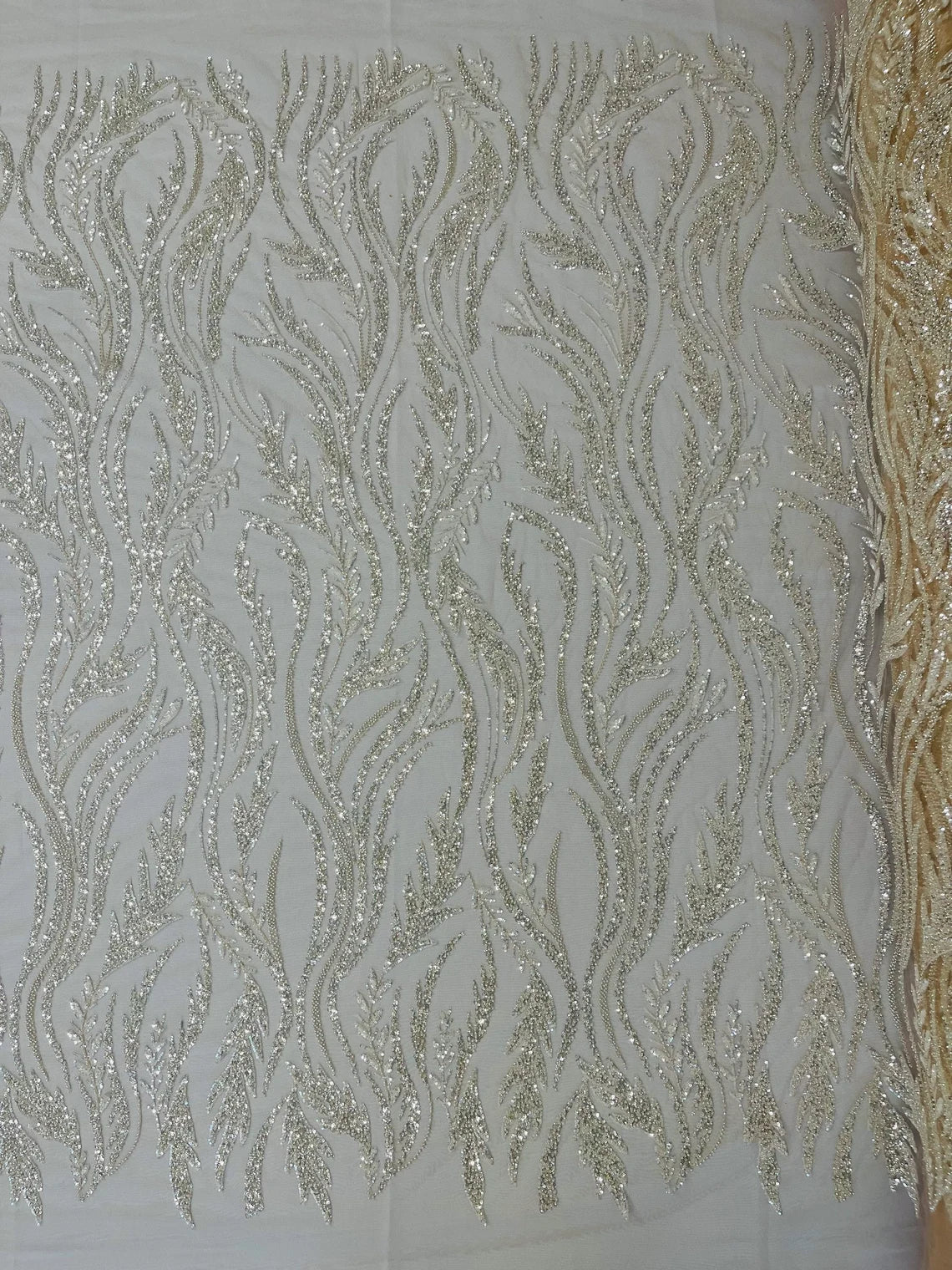 Wavy Beaded Leaf Fabric - Nude - Embroidered Beaded Leaf Pattern Lace Fabric Sold By The Yard