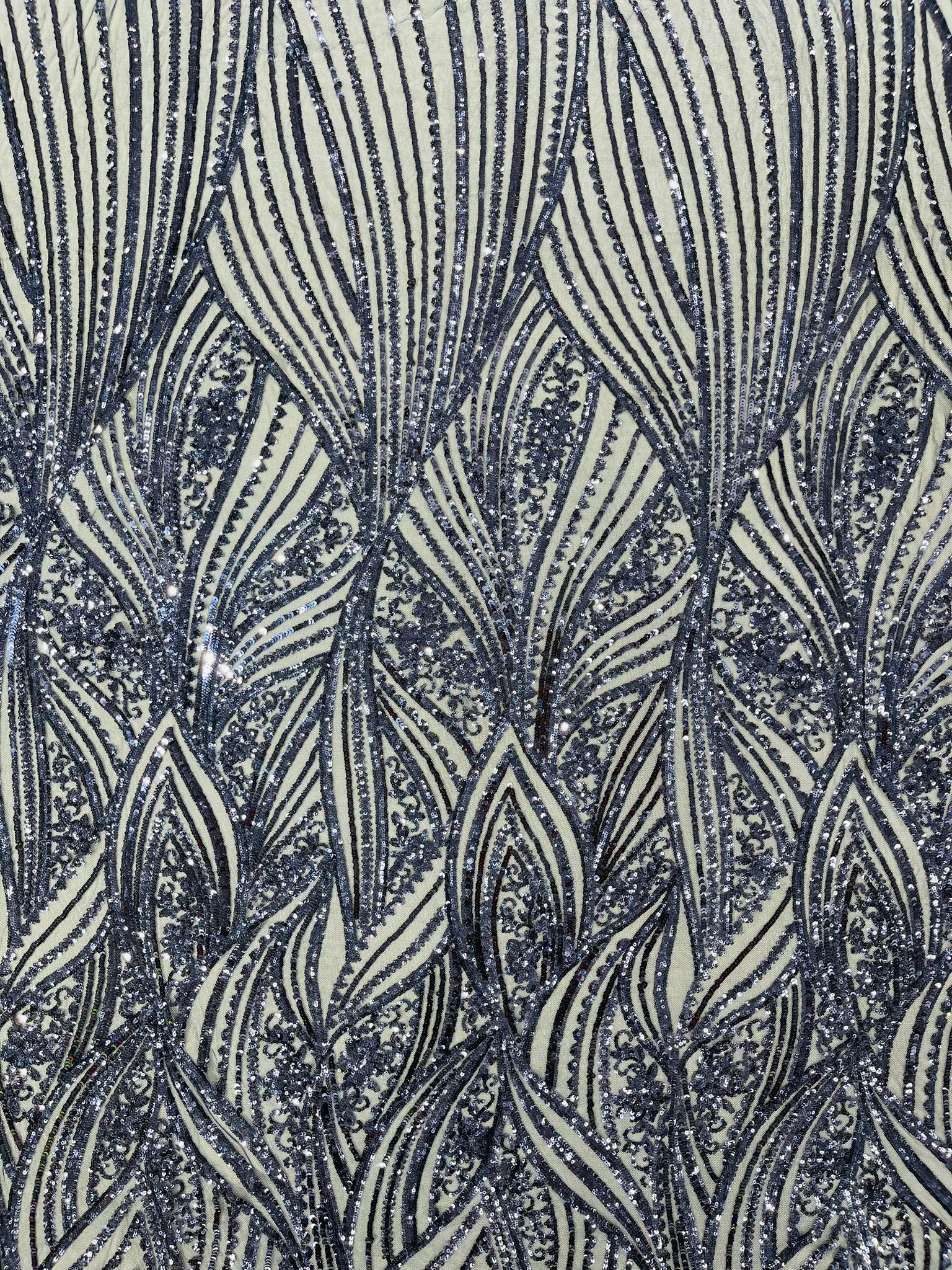 Geometric Feather wing shiny sequin design on a 4 way stretch mesh Fabric-prom-sold by the yard.