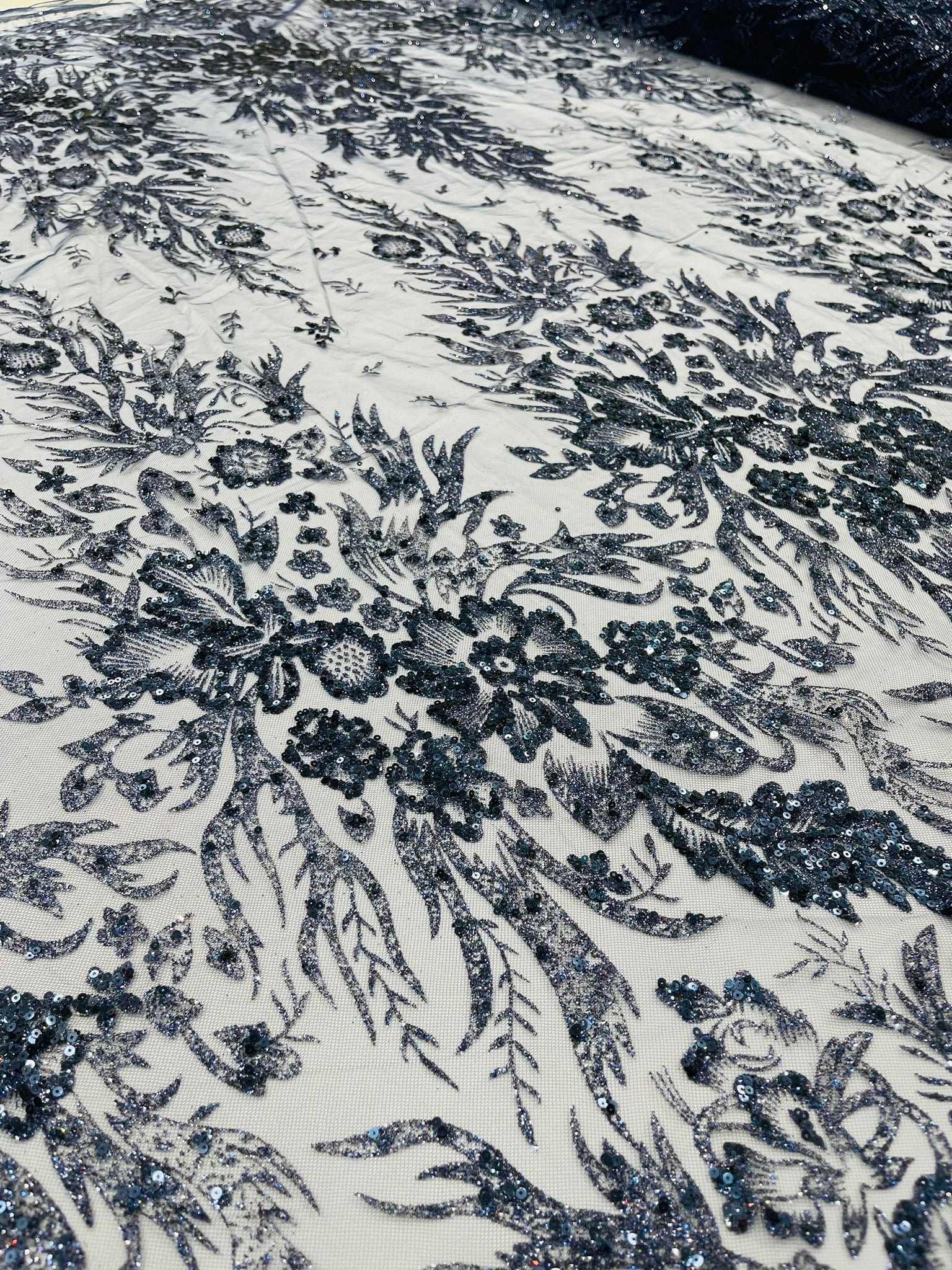 Big Glitter Damask Design On A Mesh Lace Fabric/Prom/Sold By The Yard