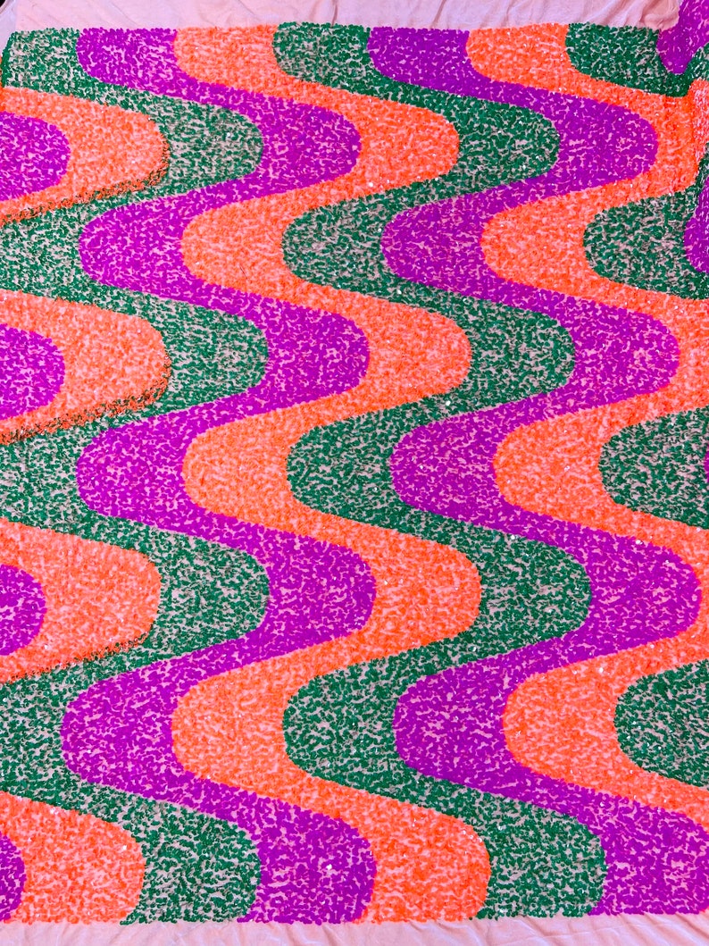 Neon Orange-Green-Magenta Sequin Wave stretch velvet all over 5mm shining sequins 2-way stretch, sold by the yard