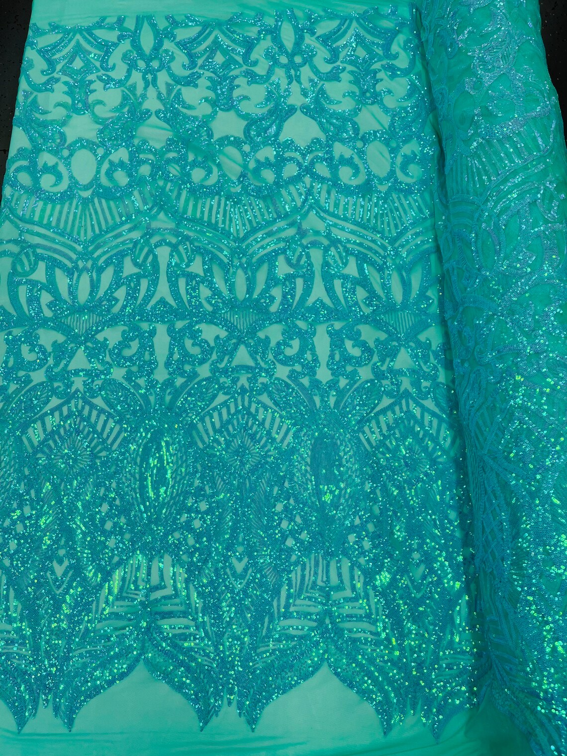 Royalty Damask Sequins Fabric - New Mint - Fancy Royal Lace Design 4 Way Stretch Sequins By Yard