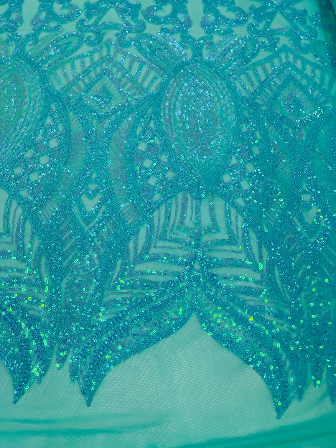 Royalty Damask Sequins Fabric - New Mint - Fancy Royal Lace Design 4 Way Stretch Sequins By Yard