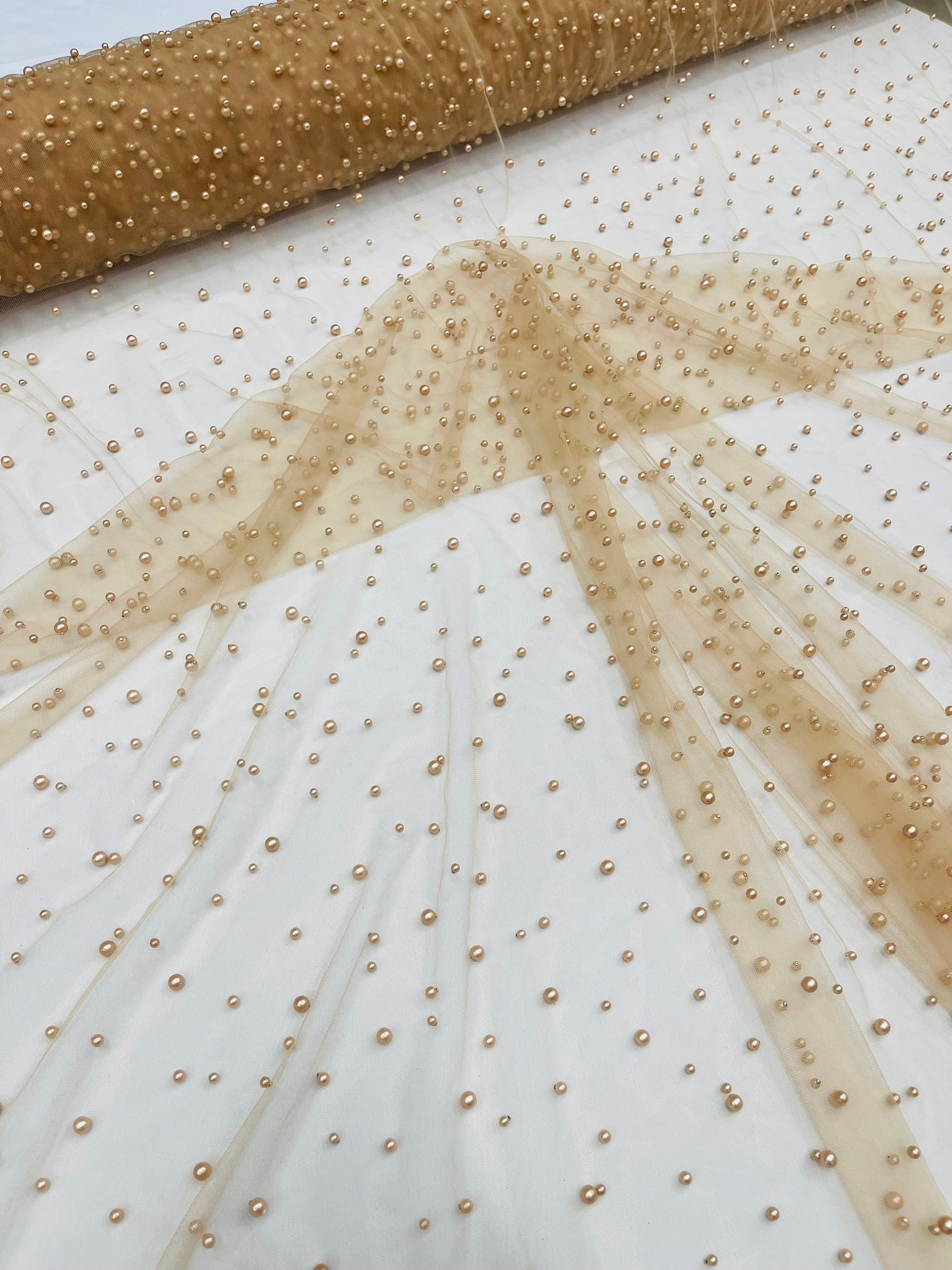 Scattered Pearls Studded Mesh, 2-Way Stretch, Sold by the yard.