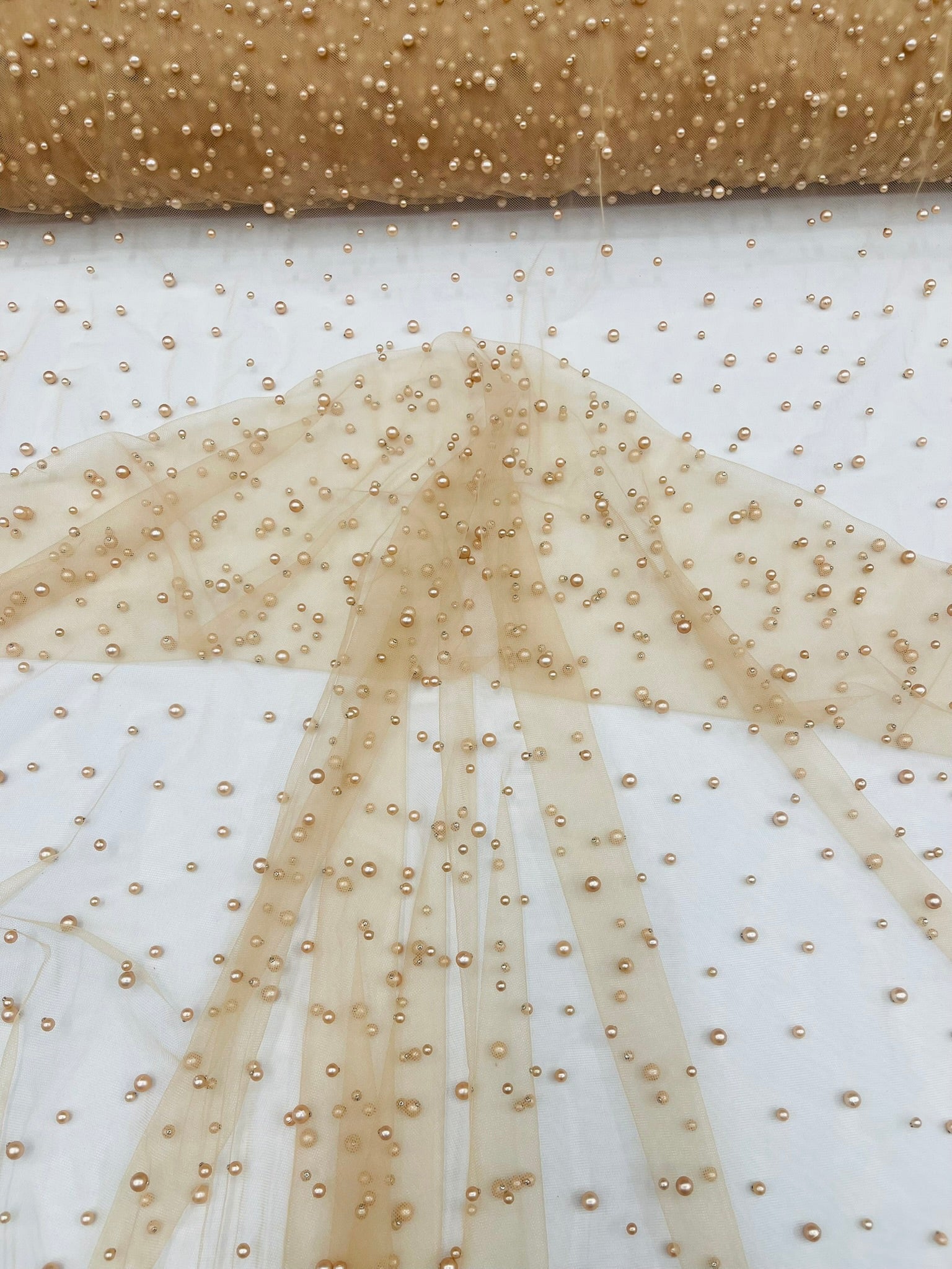 Scattered Pearls Studded Mesh, 2-Way Stretch, Sold by the yard.