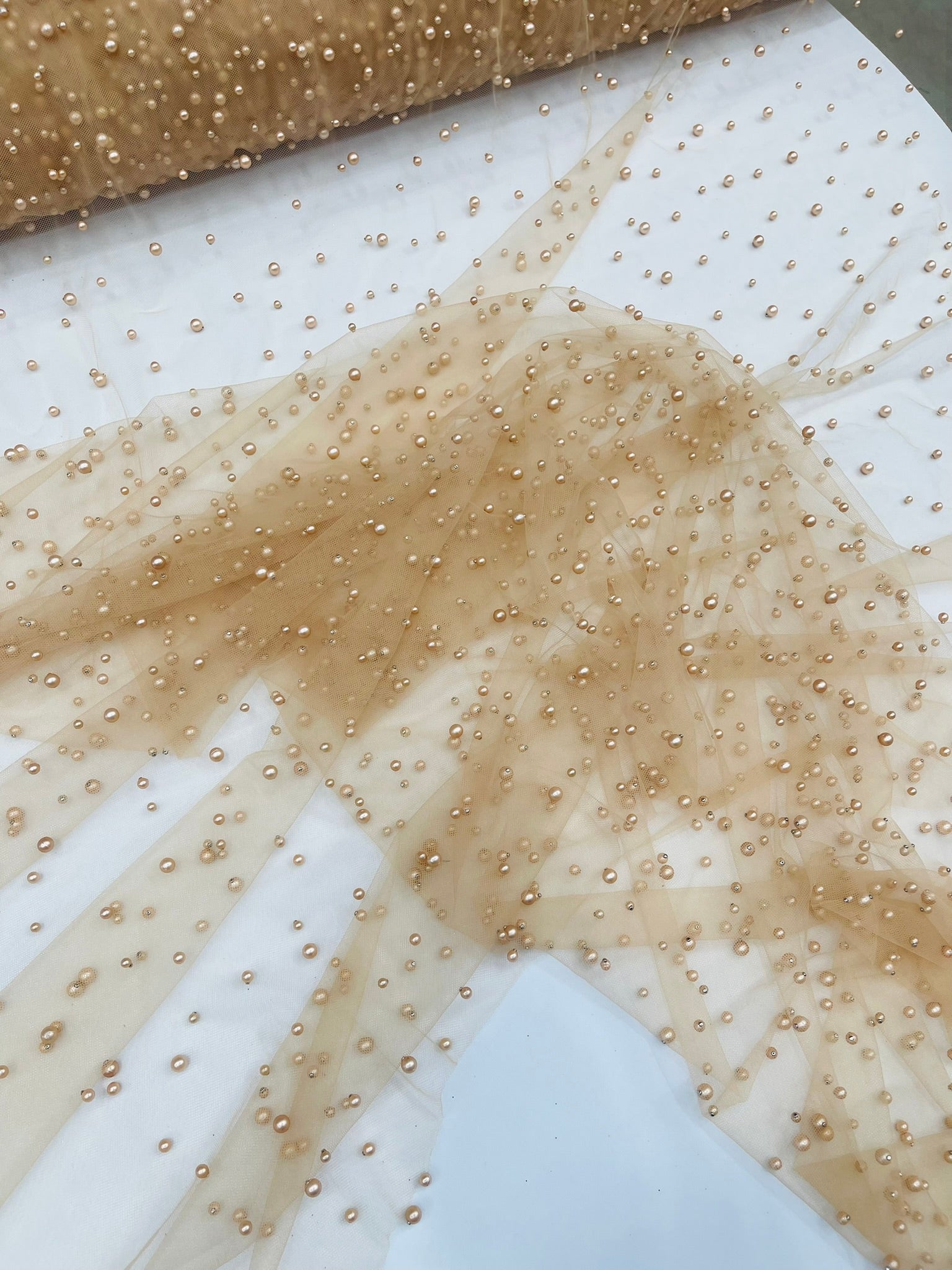 Scattered Pearls Studded Mesh, 2-Way Stretch, Sold by the yard.
