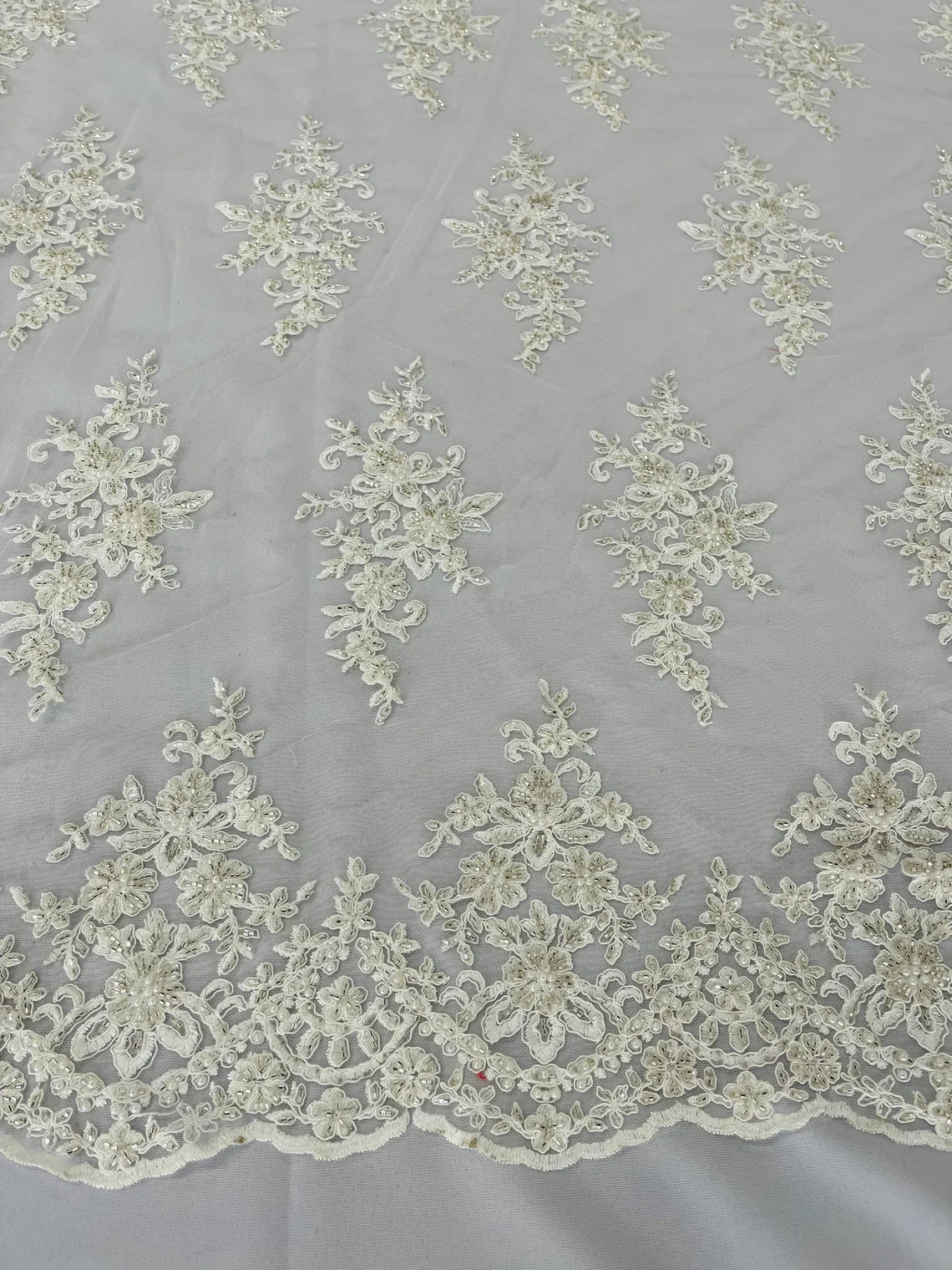 Beaded Clusters Design Fabric - Off-White - Embroidered Floral Cluster Design Fabric By Yard