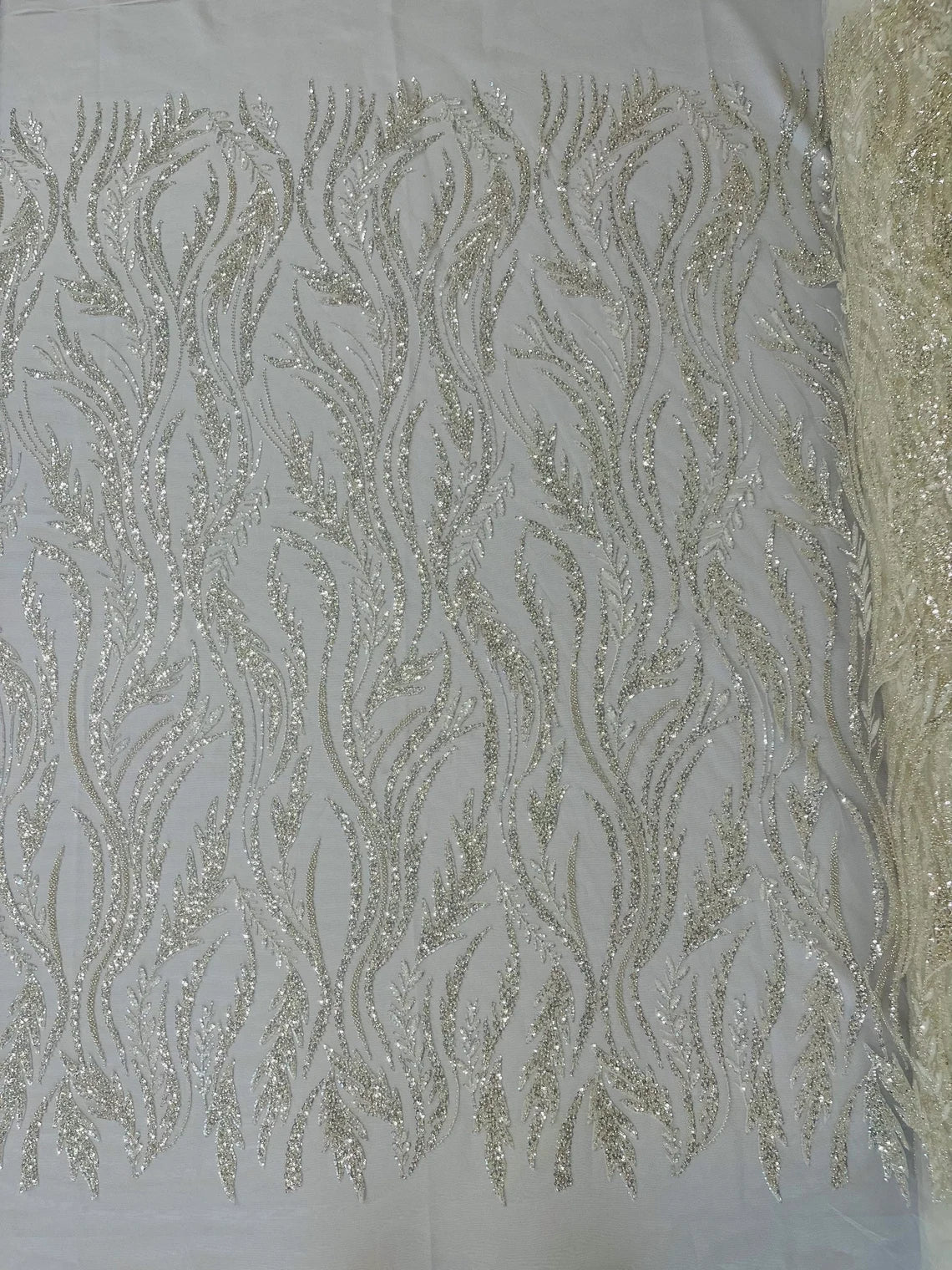 Wavy Beaded Leaf Fabric - Off-White - Embroidered Beaded Leaf Pattern Lace Fabric Sold By The Yard