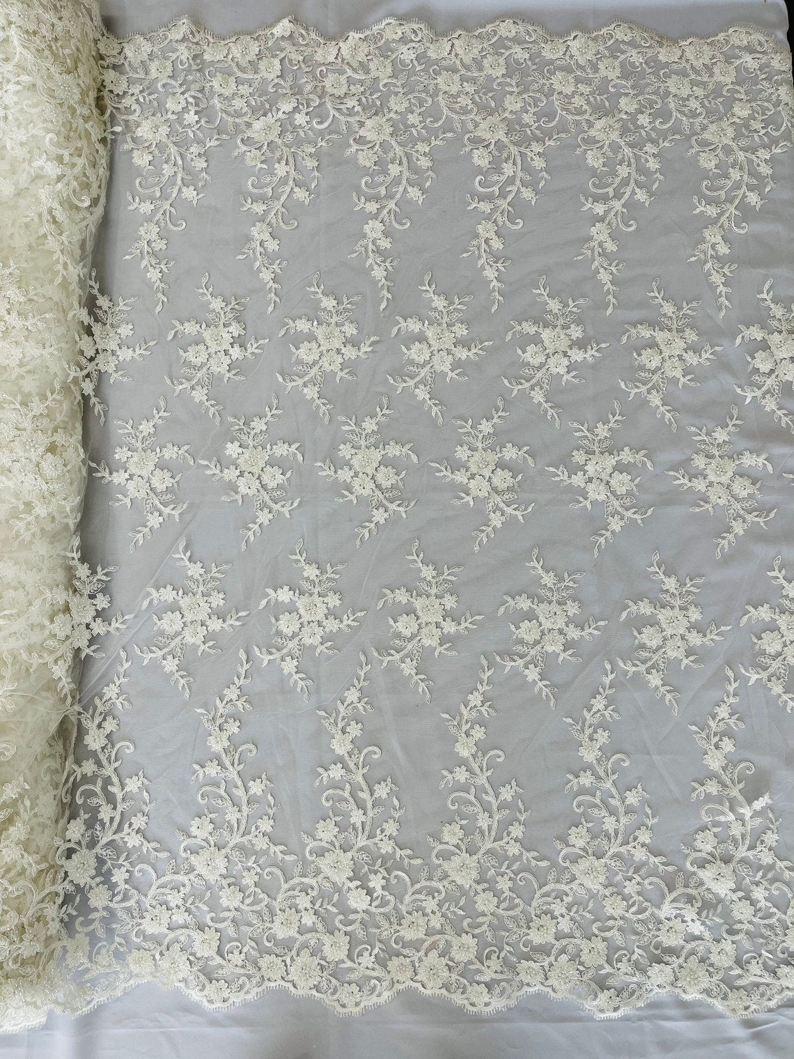 Floral Long Border Bead Fabric - Off-White - Embroidered Floral Cluster Design Fabric By Yard