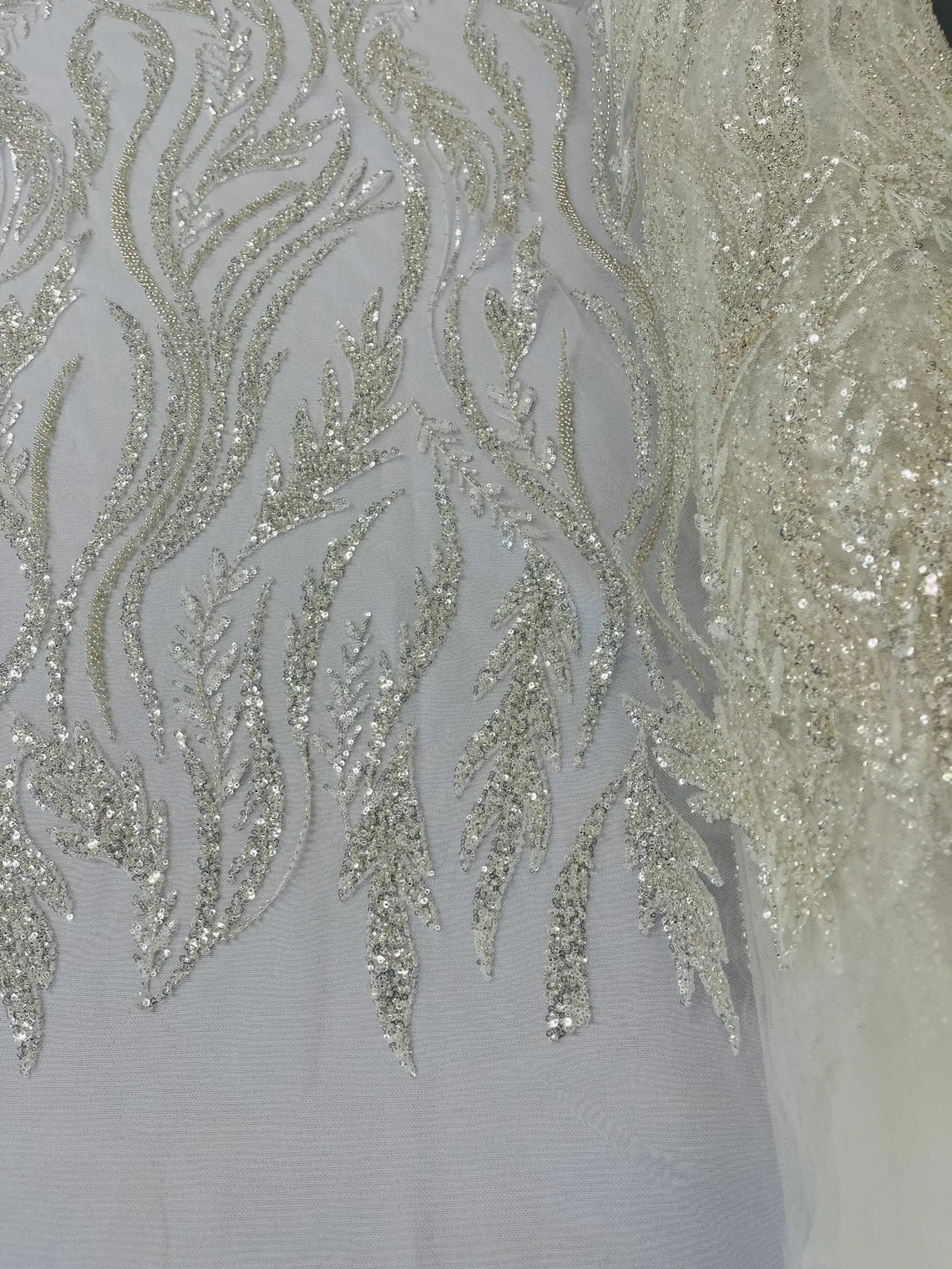 Wavy Beaded Leaf Fabric - Off-White - Embroidered Beaded Leaf Pattern Lace Fabric Sold By The Yard