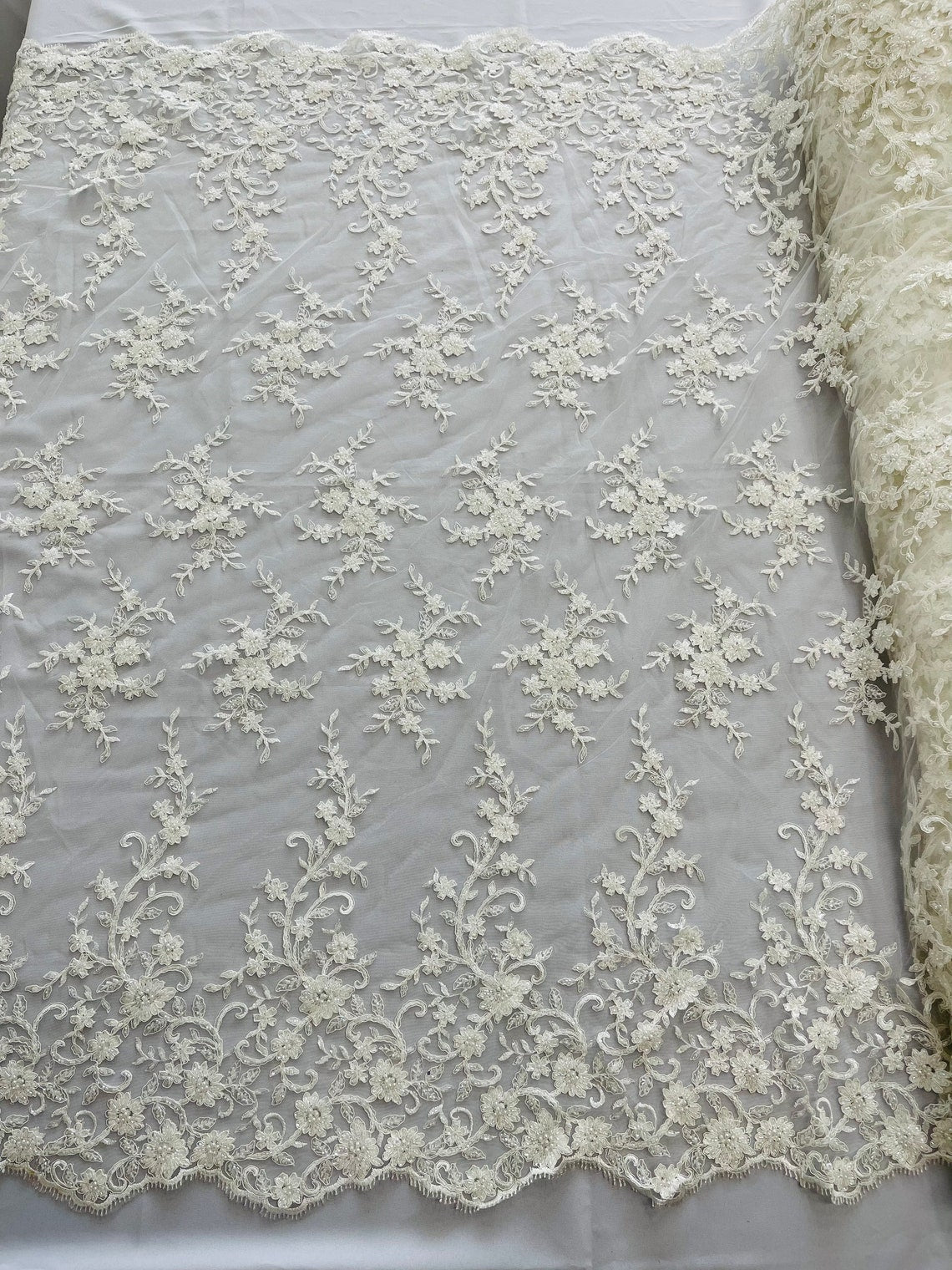 Floral Long Border Bead Fabric - Off-White - Embroidered Floral Cluster Design Fabric By Yard