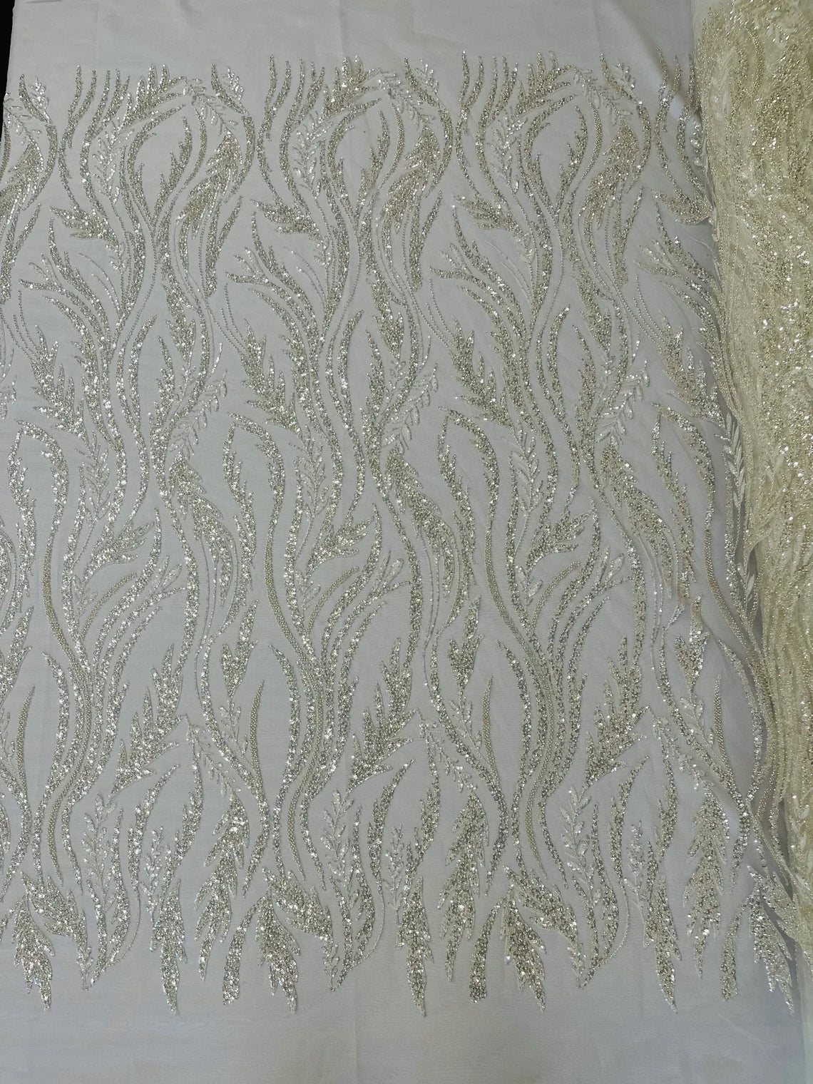 Wavy Beaded Leaf Fabric - Off-White - Embroidered Beaded Leaf Pattern Lace Fabric Sold By The Yard