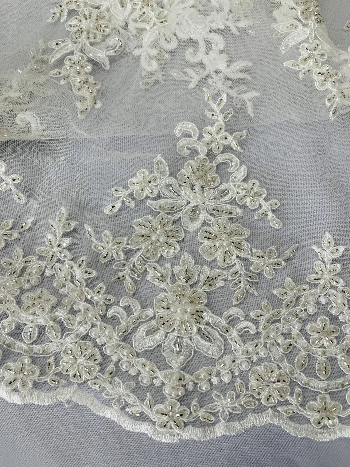 Beaded Clusters Design Fabric - Off-White - Embroidered Floral Cluster Design Fabric By Yard