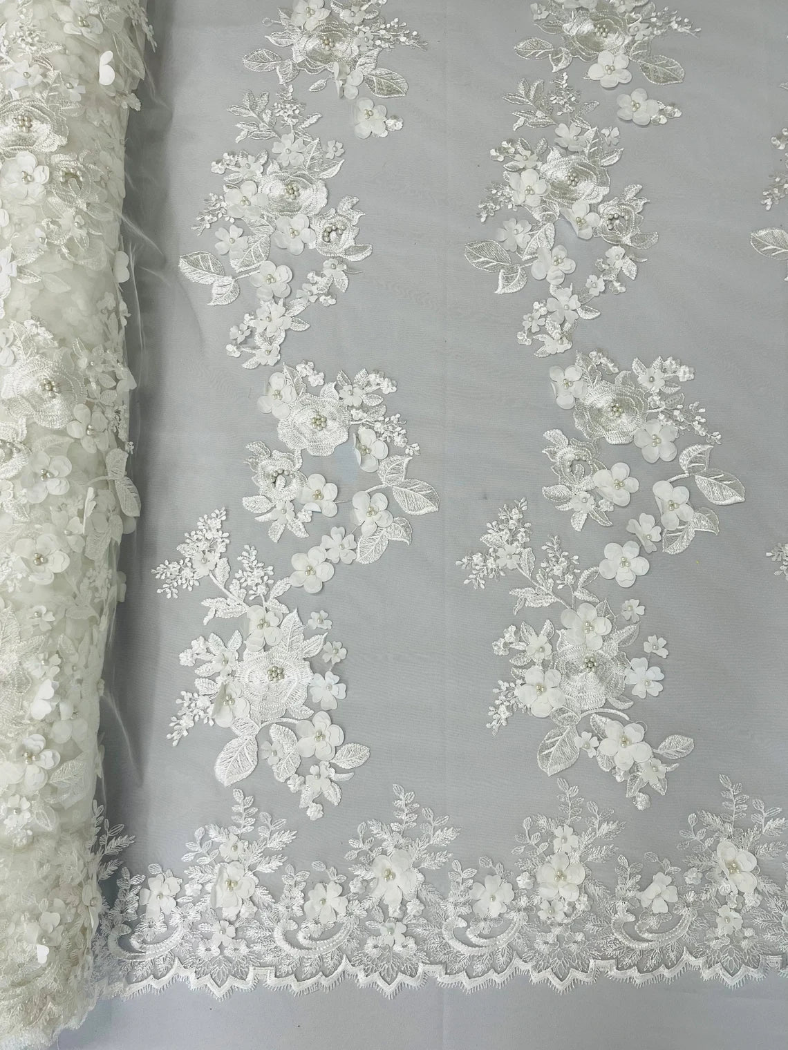 3D Flower Panels Fabric - Off-White - Flower Panels Bead Embroidered on Lace Fabric Sold By Yard