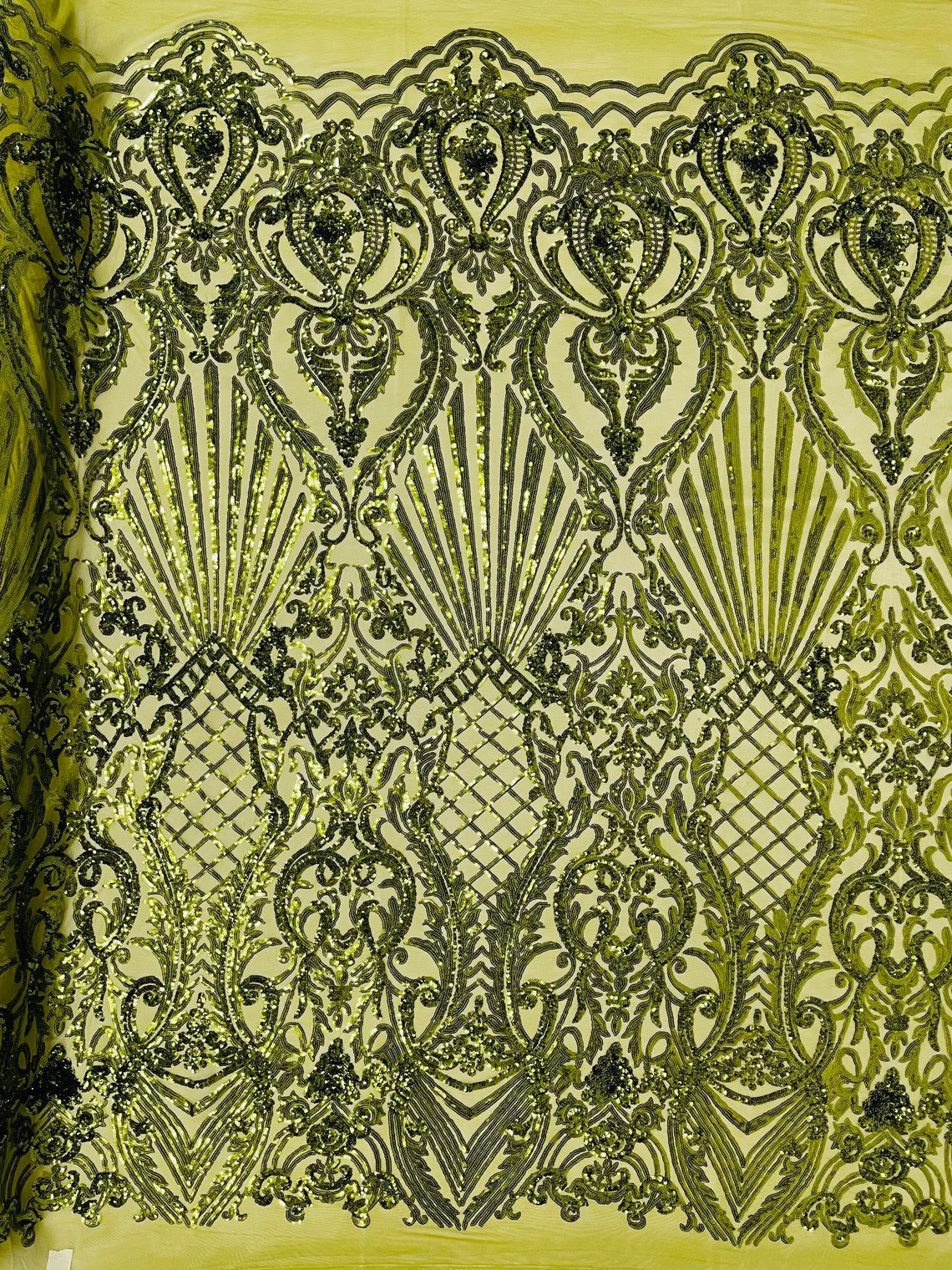 Seashell Geometric Sequins - Olive Green - Embroidered Sequins on 4 Way Stretch Lace Mesh Sold By Yard