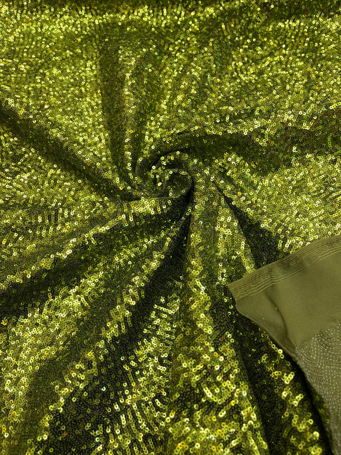 Mini Glitz Sequins on Milliskin - Olive Green - 4 Way Stretch Milliskin Stretch Spandex Fabric by Yard