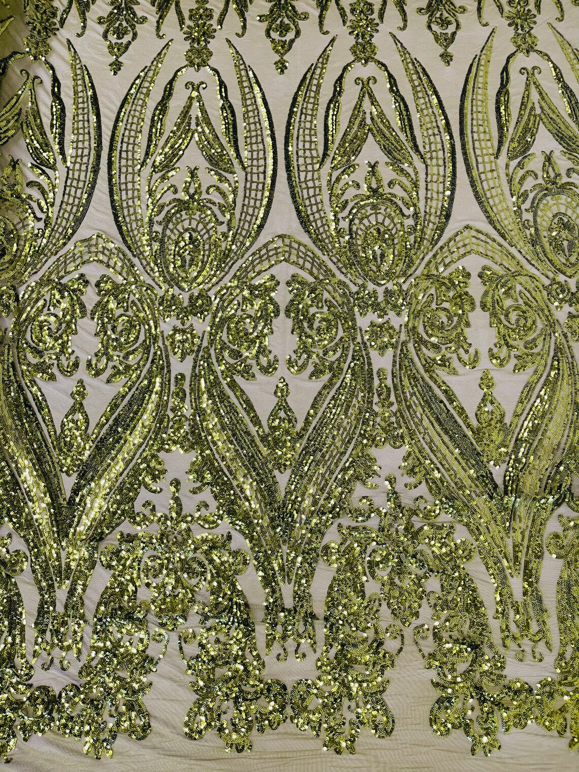 Big Damask 4 Way Sequins - Olive Green - Embroidered Damask Design Sequins Fabric Sold By Yard