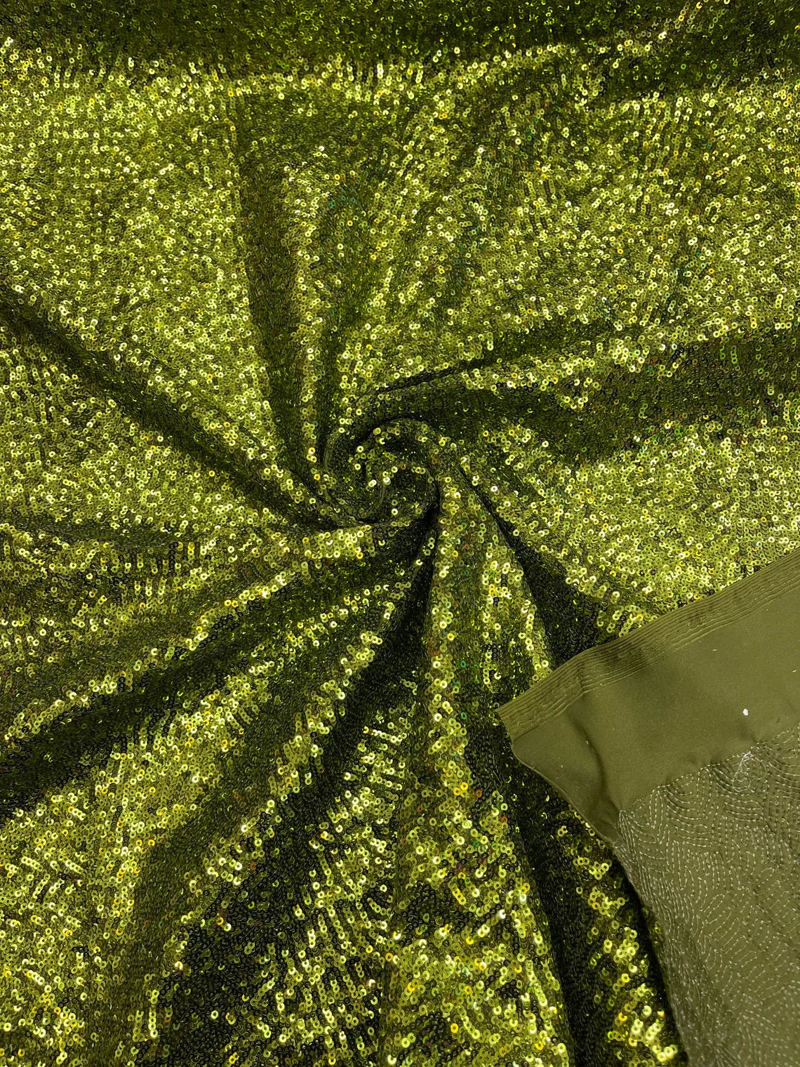 Mini Glitz Sequins on Milliskin - Olive Green - 4 Way Stretch Milliskin Stretch Spandex Fabric by Yard