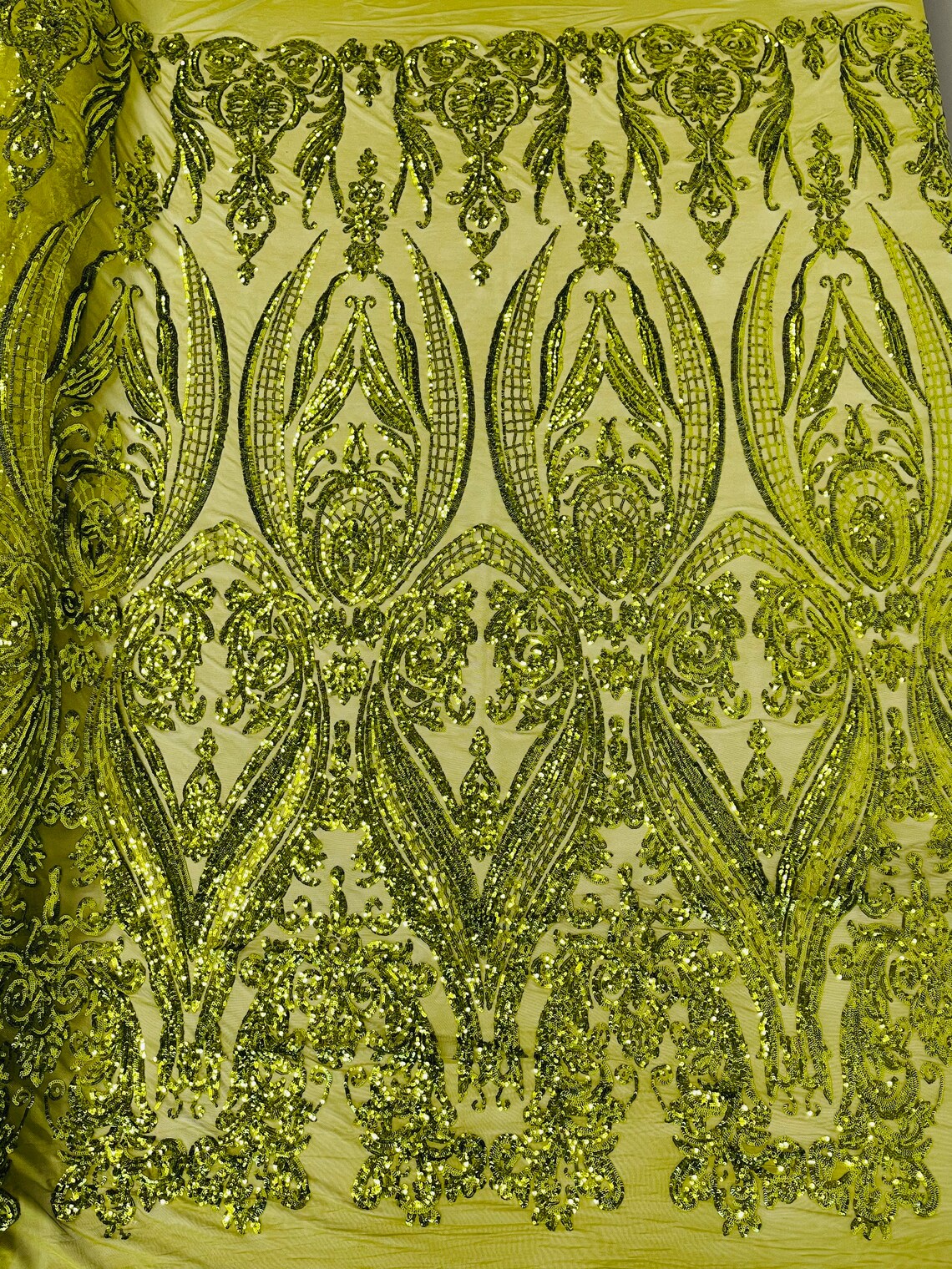 Big Damask 4 Way Sequins - Olive Green - Embroidered Damask Design Sequins Fabric Sold By Yard