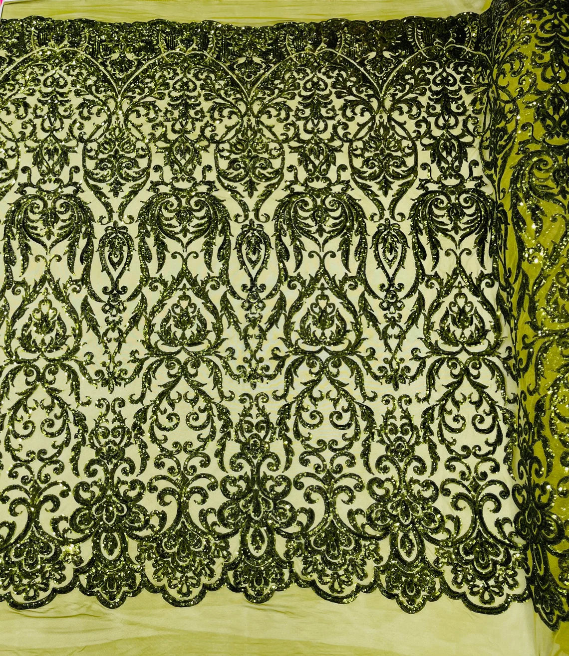 King Damask Design Sequins - Olive Green - 4 Way Stretch Lace Mesh Embroidered Sequins By Yard