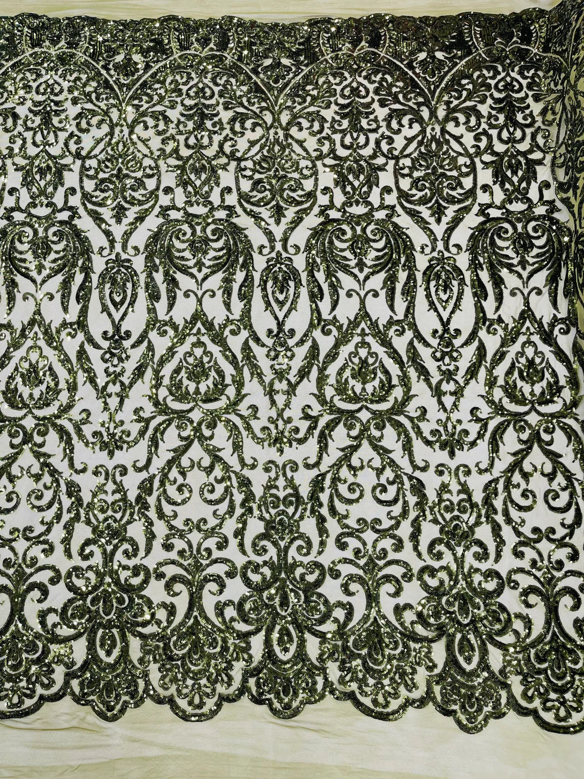 King Damask Design Sequins - Olive Green - 4 Way Stretch Lace Mesh Embroidered Sequins By Yard