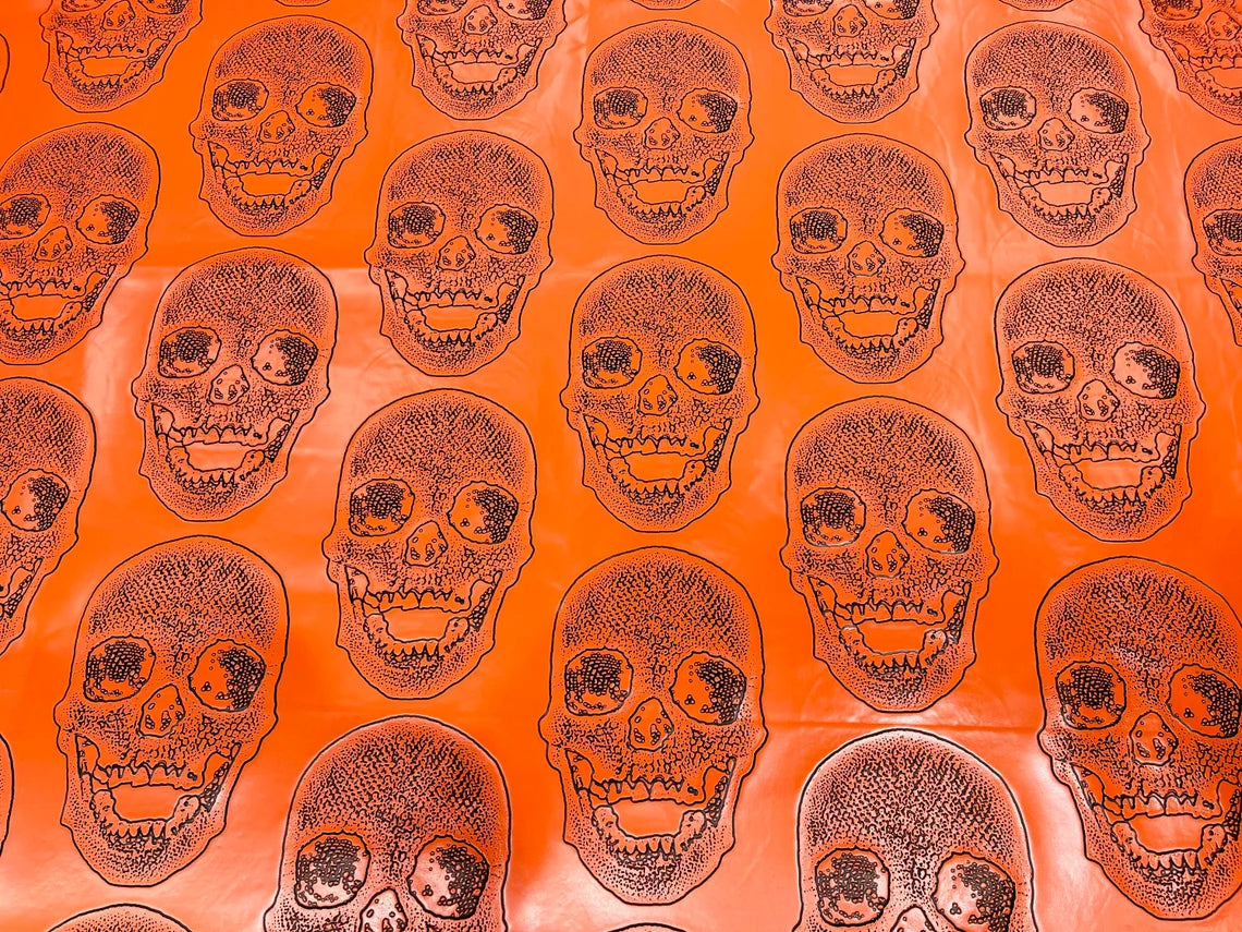 Skull Print Vinyl Fabric - Orange - High Quality Skull Skeleton Print Fabric Sold By Yard