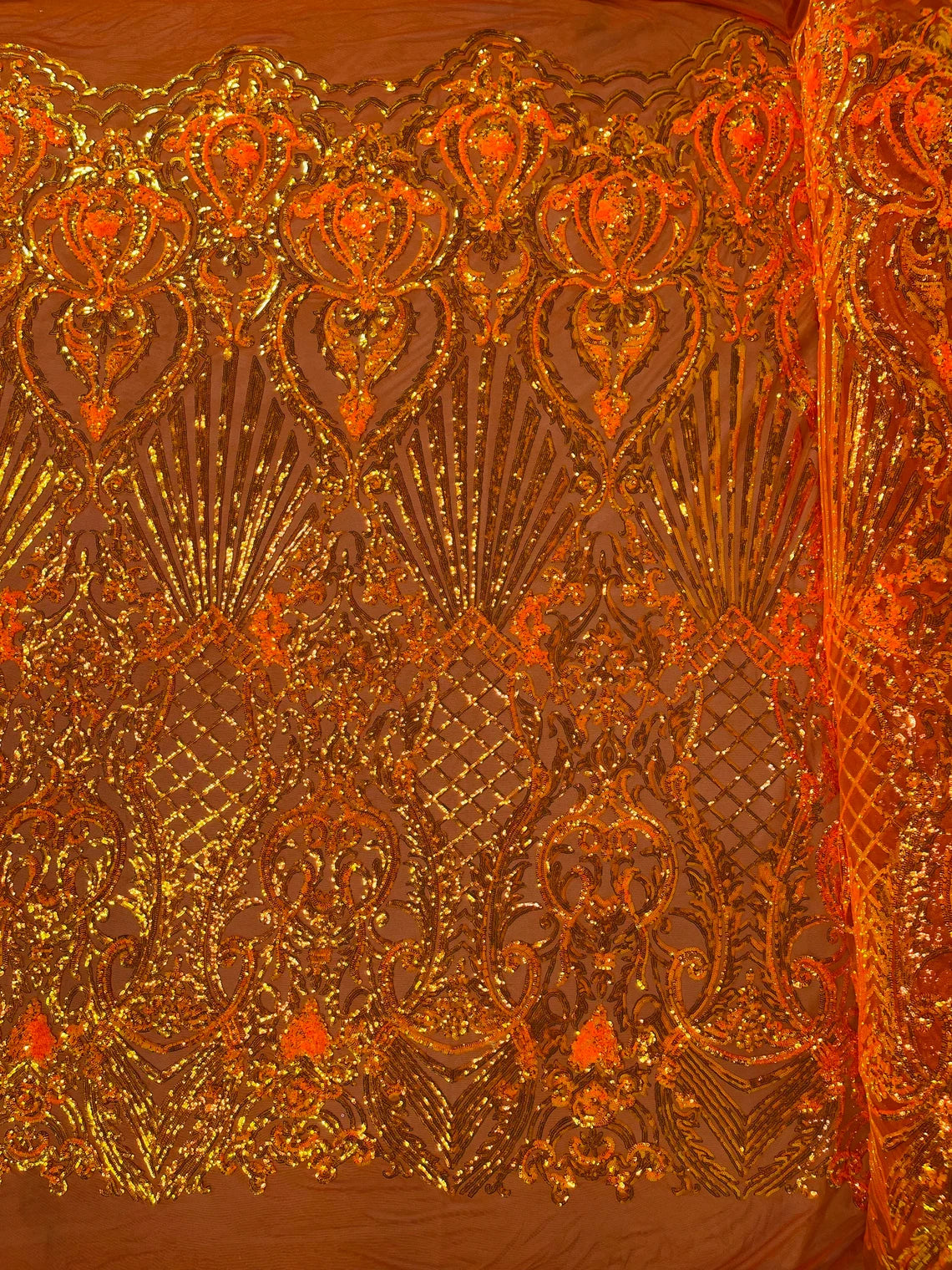 Seashell Geometric Sequins - Orange - Embroidered Sequins on 4 Way Stretch Lace Mesh Sold By Yard