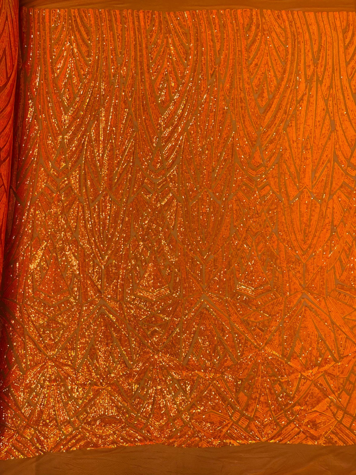 Geometric Triangle Lines Sequins - Orange - 4 Way Stretch Geometric Design Sequins By Yard