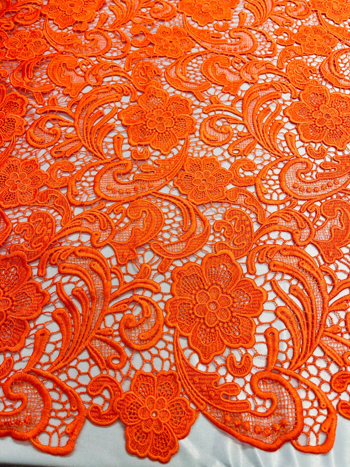 Floral Design Guipure Fabric - Orange - Floral Lace Guipure Wedding Bridal Dress Fabrics by the Yard