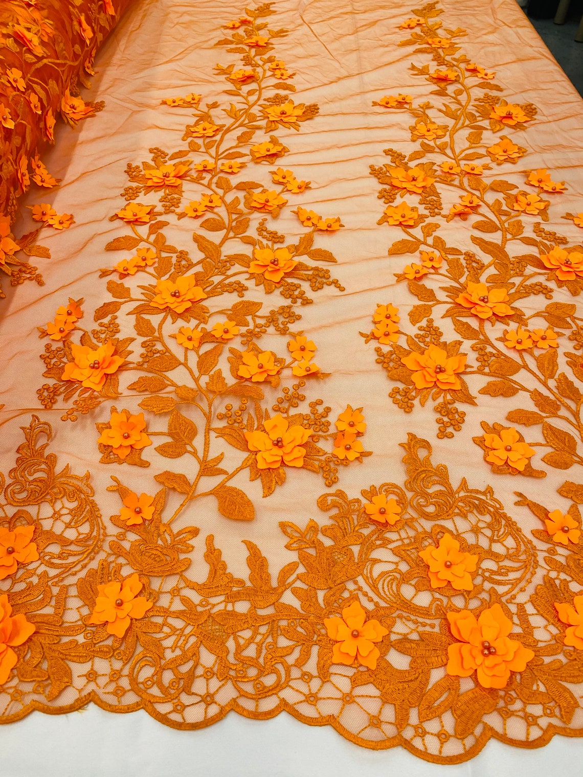 3D Floral Princess Fabric - Orange - Embroidered Floral Lace Fabric with 3D Flowers By Yard