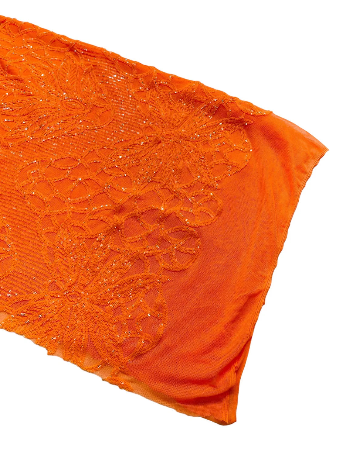 Gorgeous Star Leaf Fabric - Orange - Leaf Design Embroidered 4 Way Stretch Sequins Fabric By Yard