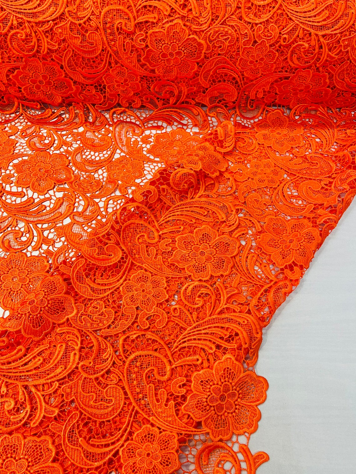 Floral Design Guipure Fabric - Orange - Floral Lace Guipure Wedding Bridal Dress Fabrics by the Yard