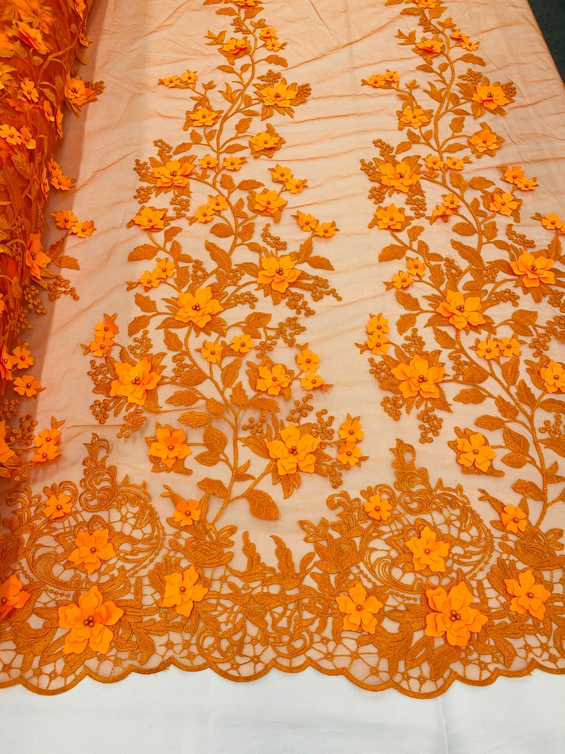 3D Floral Princess Fabric - Orange - Embroidered Floral Lace Fabric with 3D Flowers By Yard
