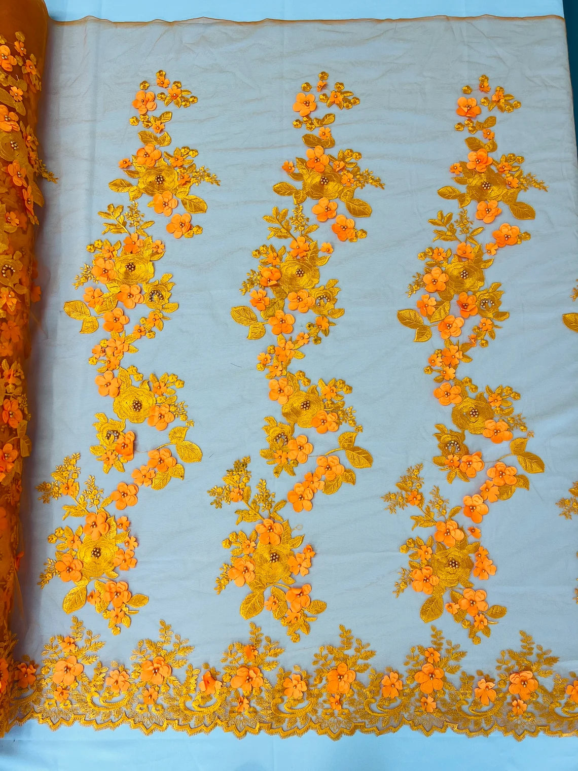 3D Flower Panels Fabric - Orange - Flower Panels Bead Embroidered on Lace Fabric Sold By Yard